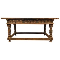 Antique Walnut Table Richly Carved Drawers and Turned Legs, 17th Century Spain