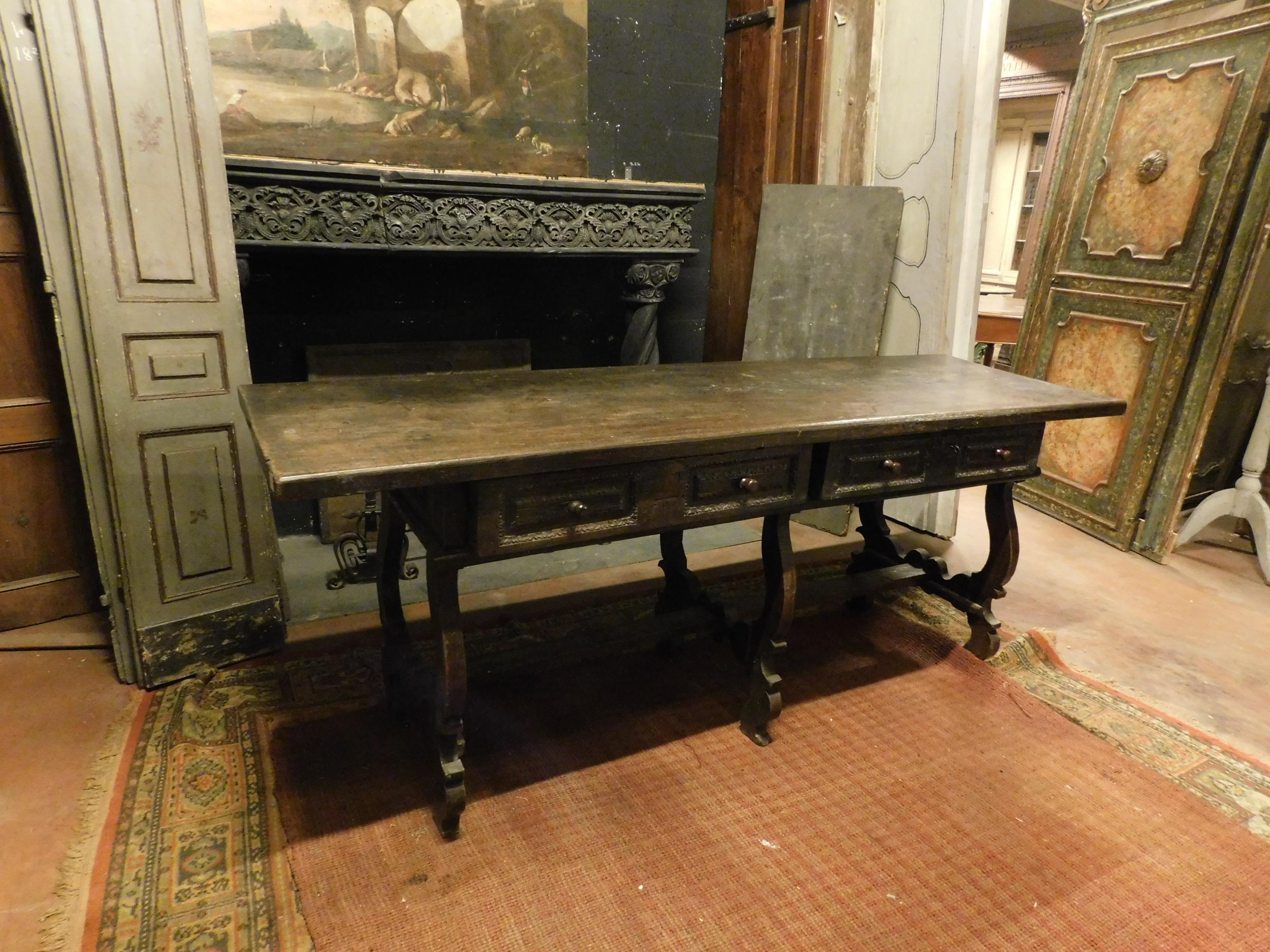 Hand-Carved Antique Walnut Table with Drawers, Richly Carved, 18th Century Spain