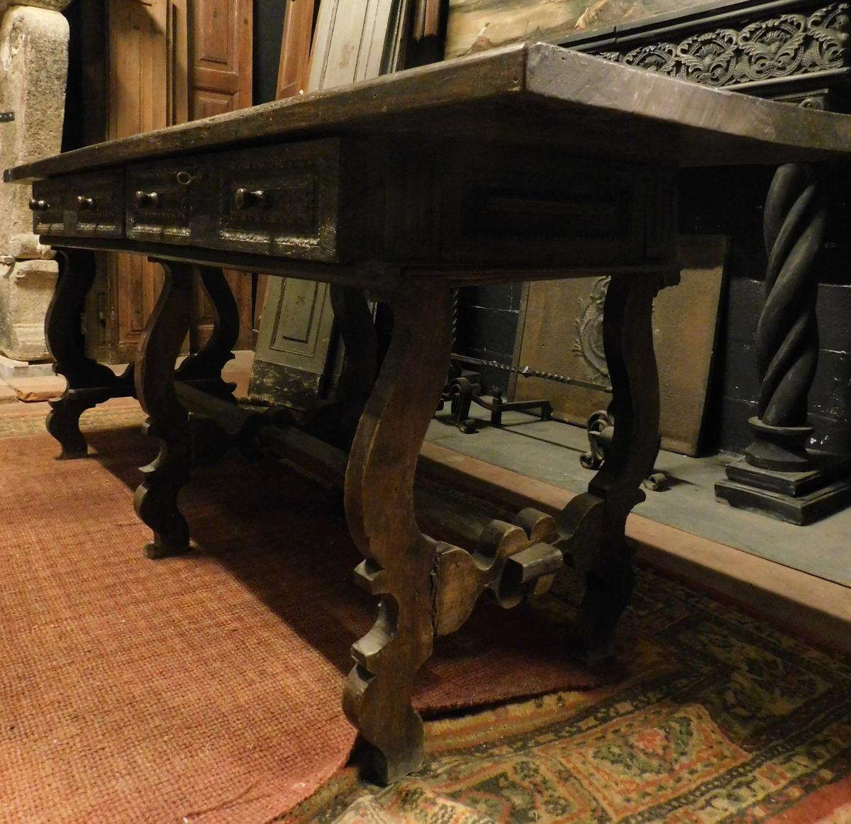 Antique Walnut Table with Drawers, Richly Carved, 18th Century Spain 2