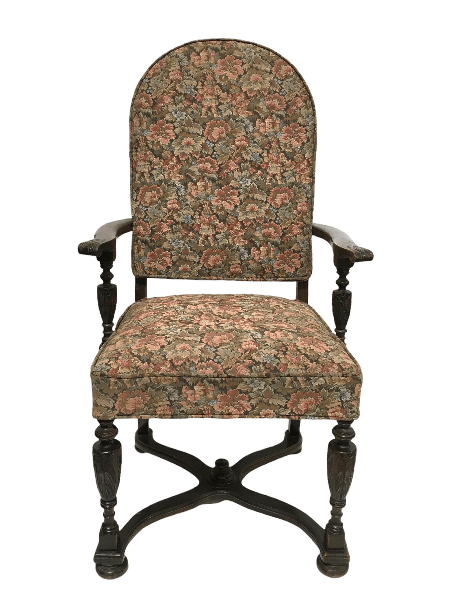 Antique walnut throne armchair with French Tapestry and carved wood. 19th XIX $875
 
This chair is a treasure from the past. Its solid walnut wood frame gives it stability and an elegant look, on top of the intricate floral carvings. Its fabric