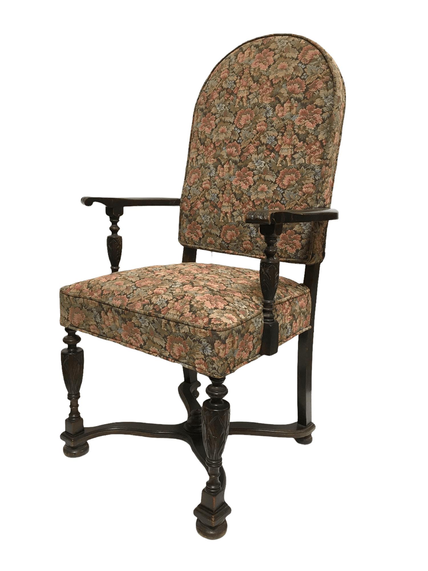 French Provincial Antique Walnut Throne Armchair with French Tapestry and Carved Wood, 19th XIX For Sale