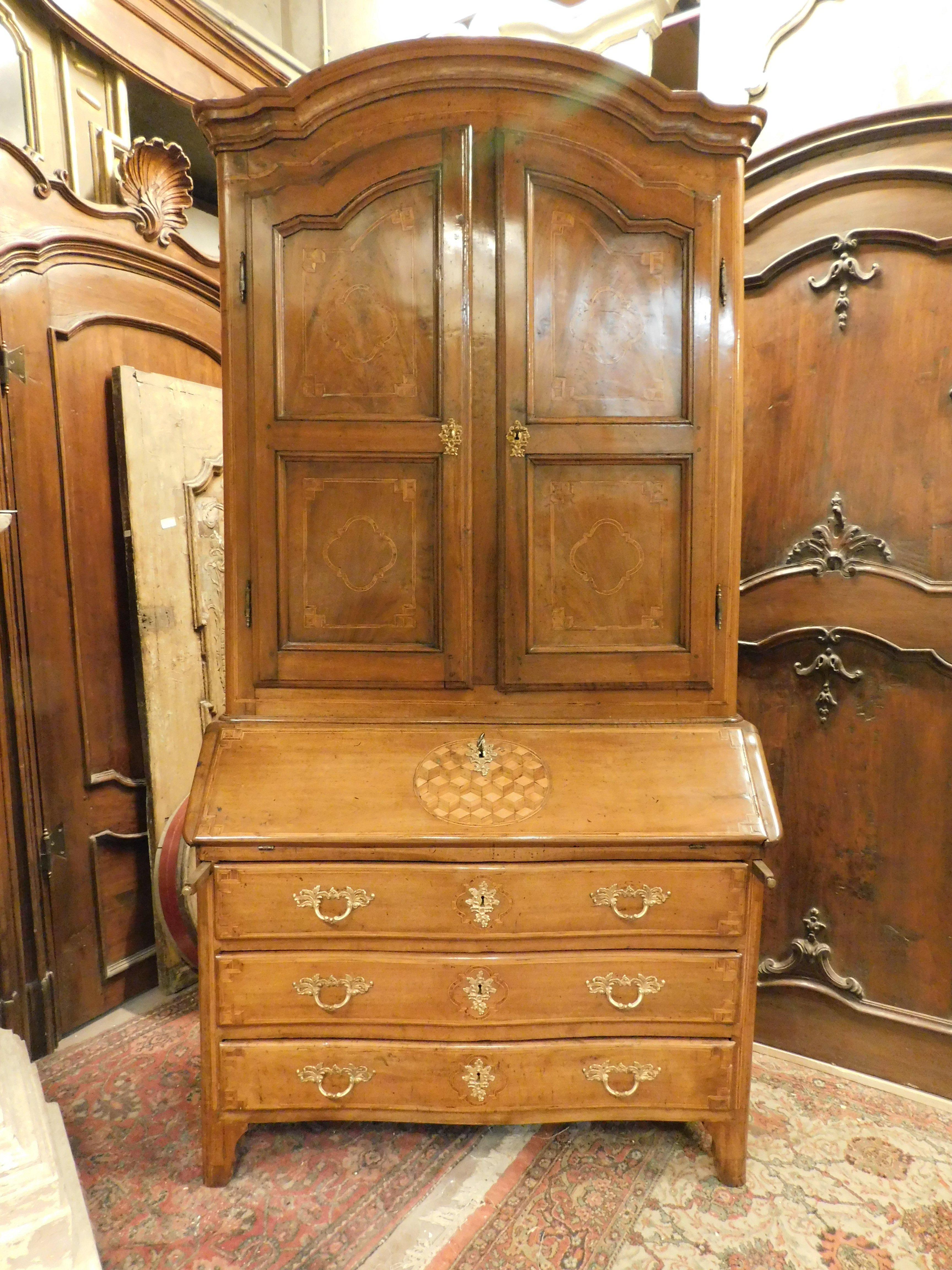 Italian Antique walnut Trumeau, richly inlaid, 2 doors, drawers and flap, Italy For Sale