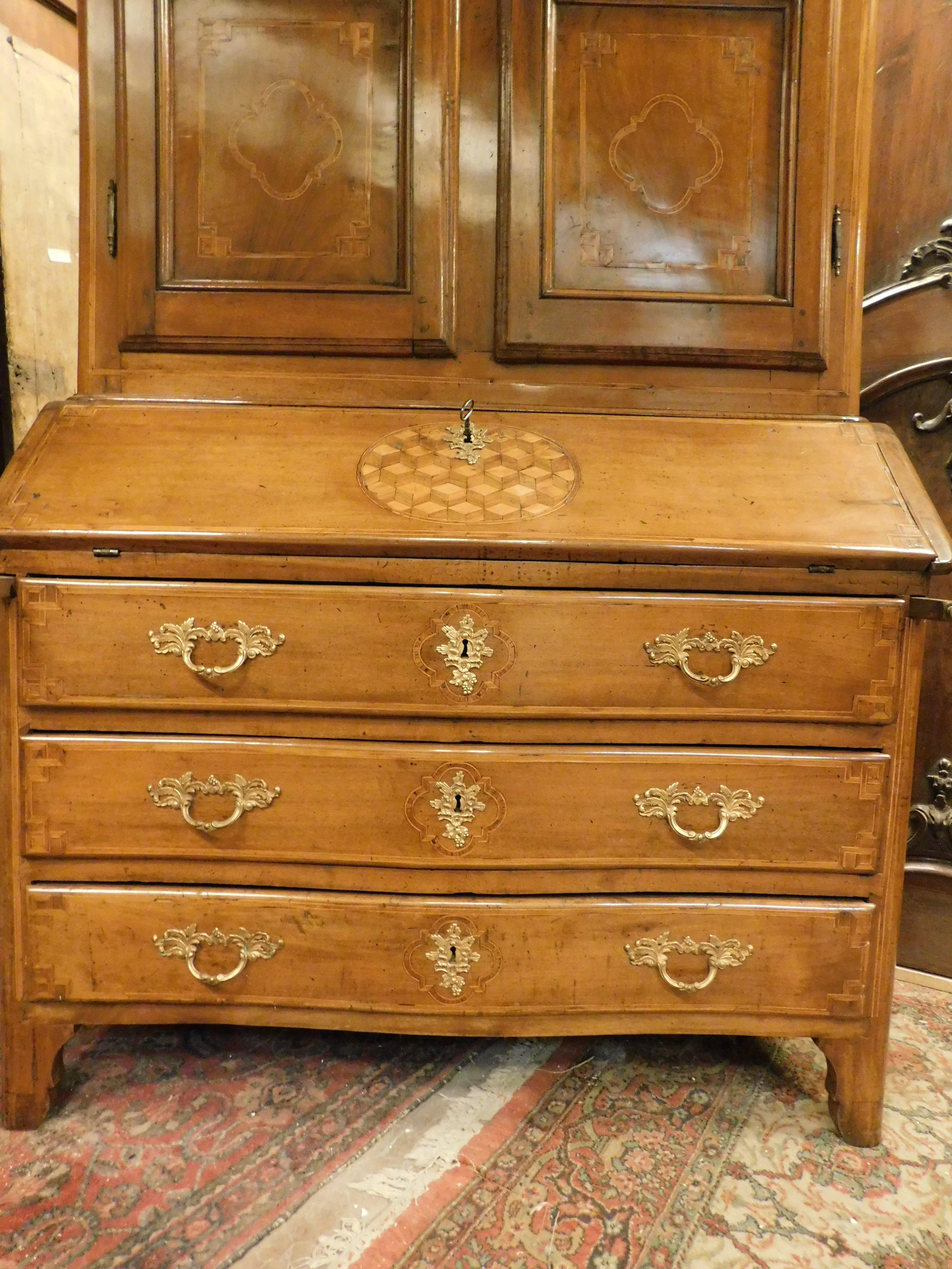Hand-Carved Antique walnut Trumeau, richly inlaid, 2 doors, drawers and flap, Italy For Sale