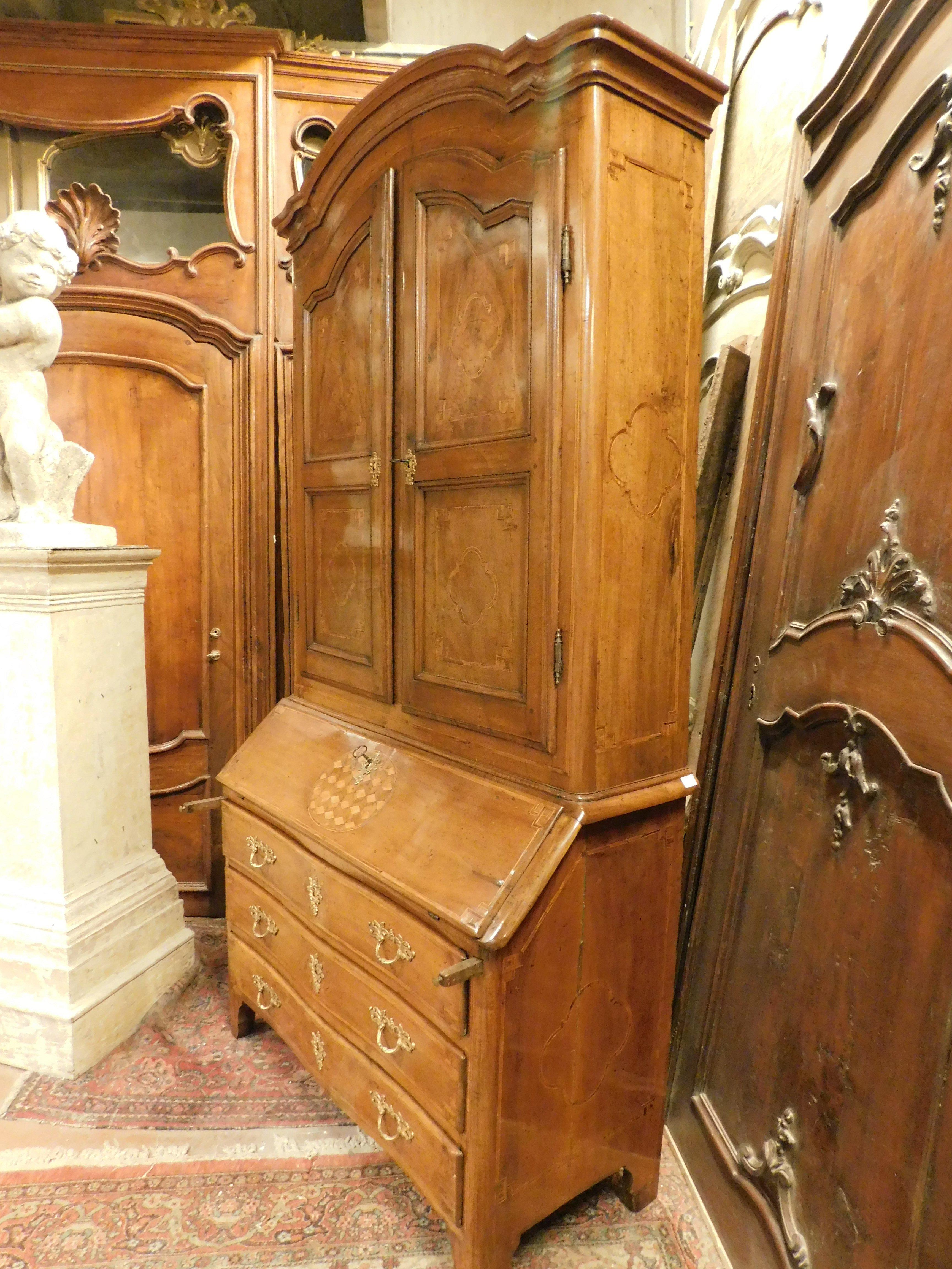 Antique walnut Trumeau, richly inlaid, 2 doors, drawers and flap, Italy For Sale 2