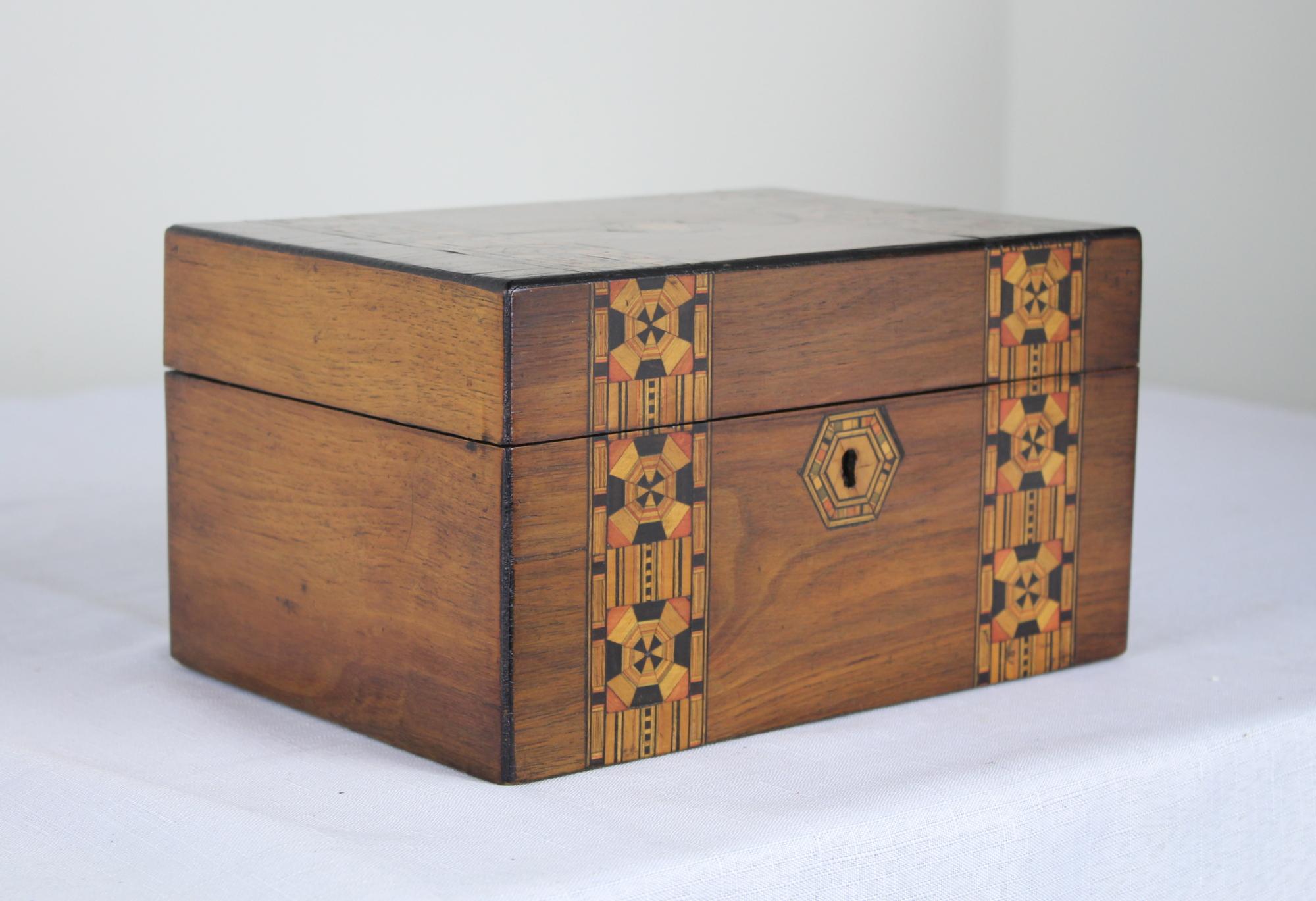 English Antique Walnut Tumbridgeware Jewelry Box