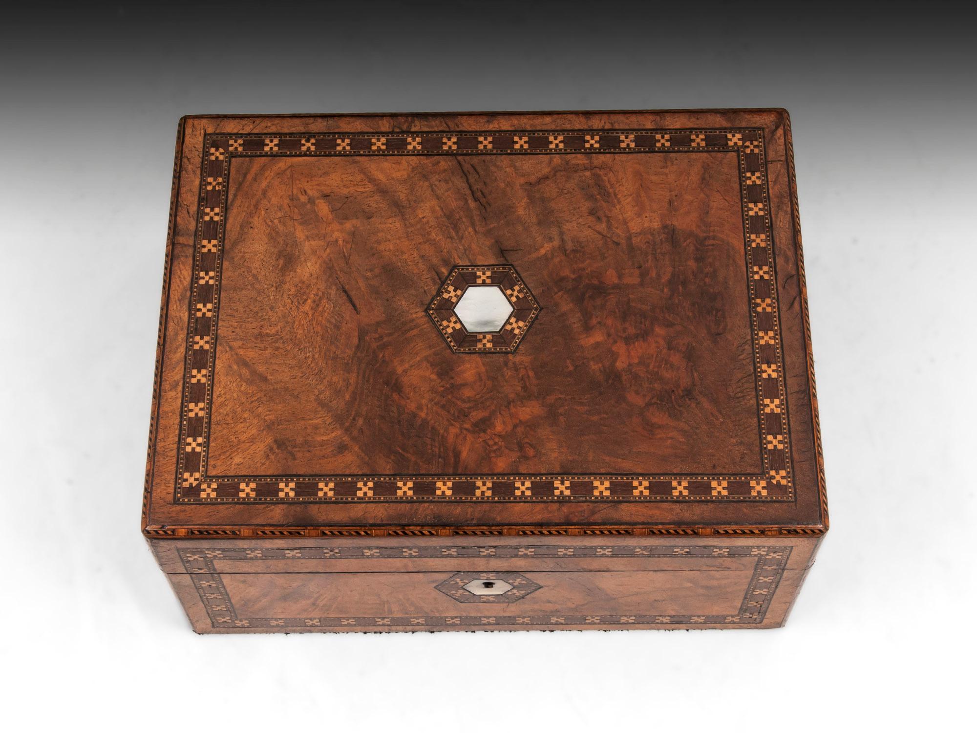 British Antique Walnut Tunbridge Ware Jewelry Box For Sale