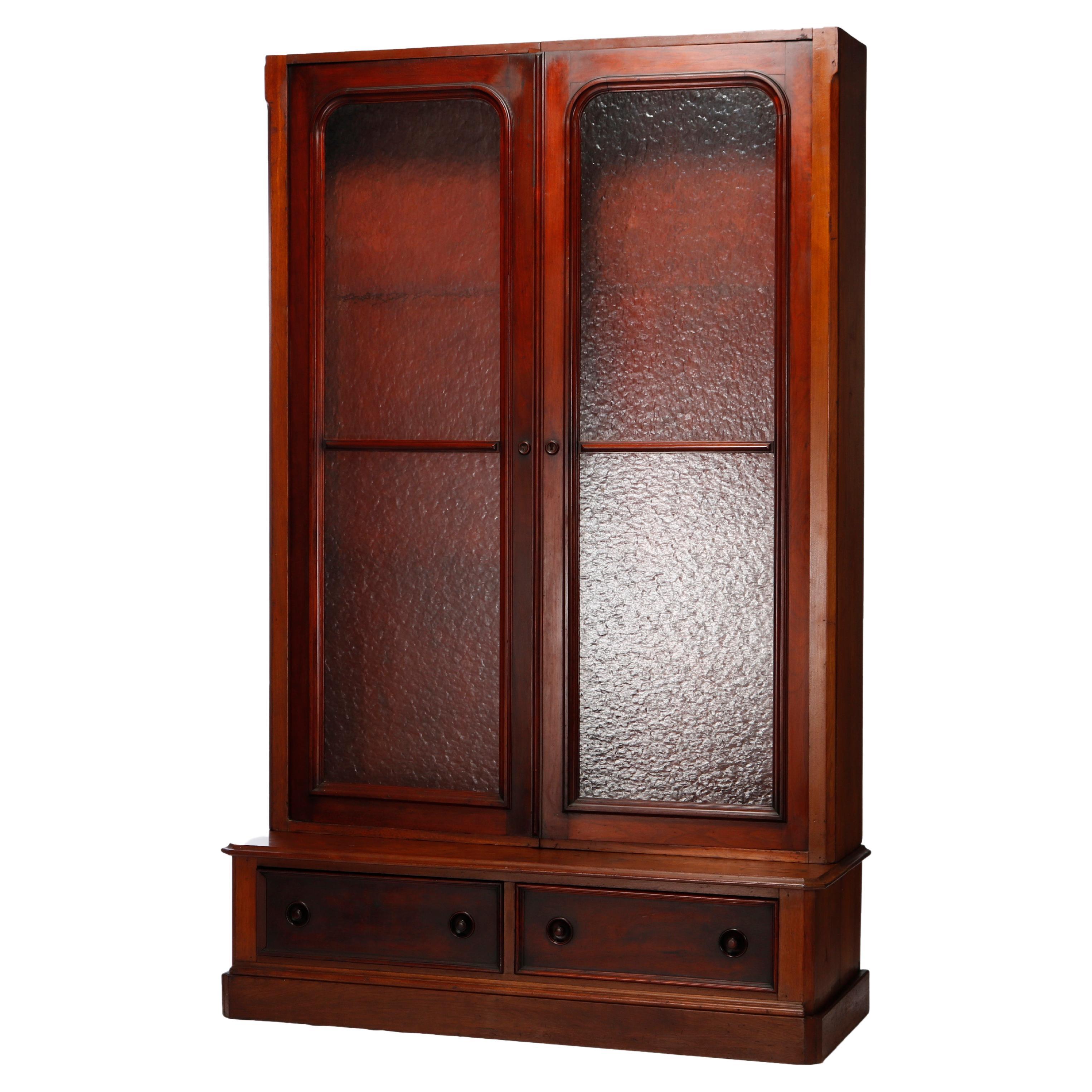 Antique Walnut Double Door Bookcase with Amber Glass, circa 1890
