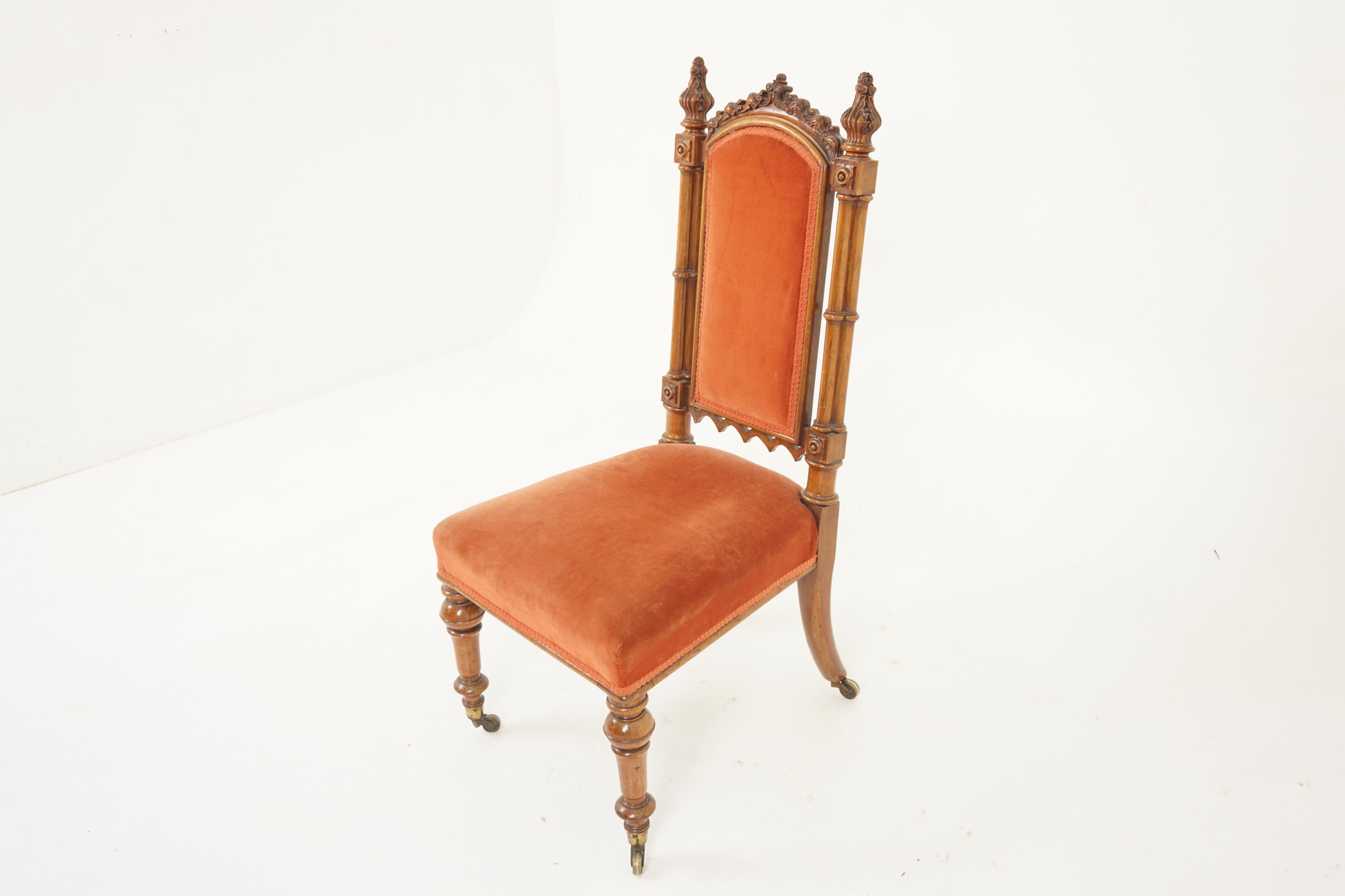 Antique Walnut Upholstered Hall, Church, Side Chair, Scotland 1880, H1195

Scotland 1880
Solid Walnut
Original Finish
Attractive top rail with carved arches
Pair of turned supports with carved finials on top
Upholstered back and seat with carved