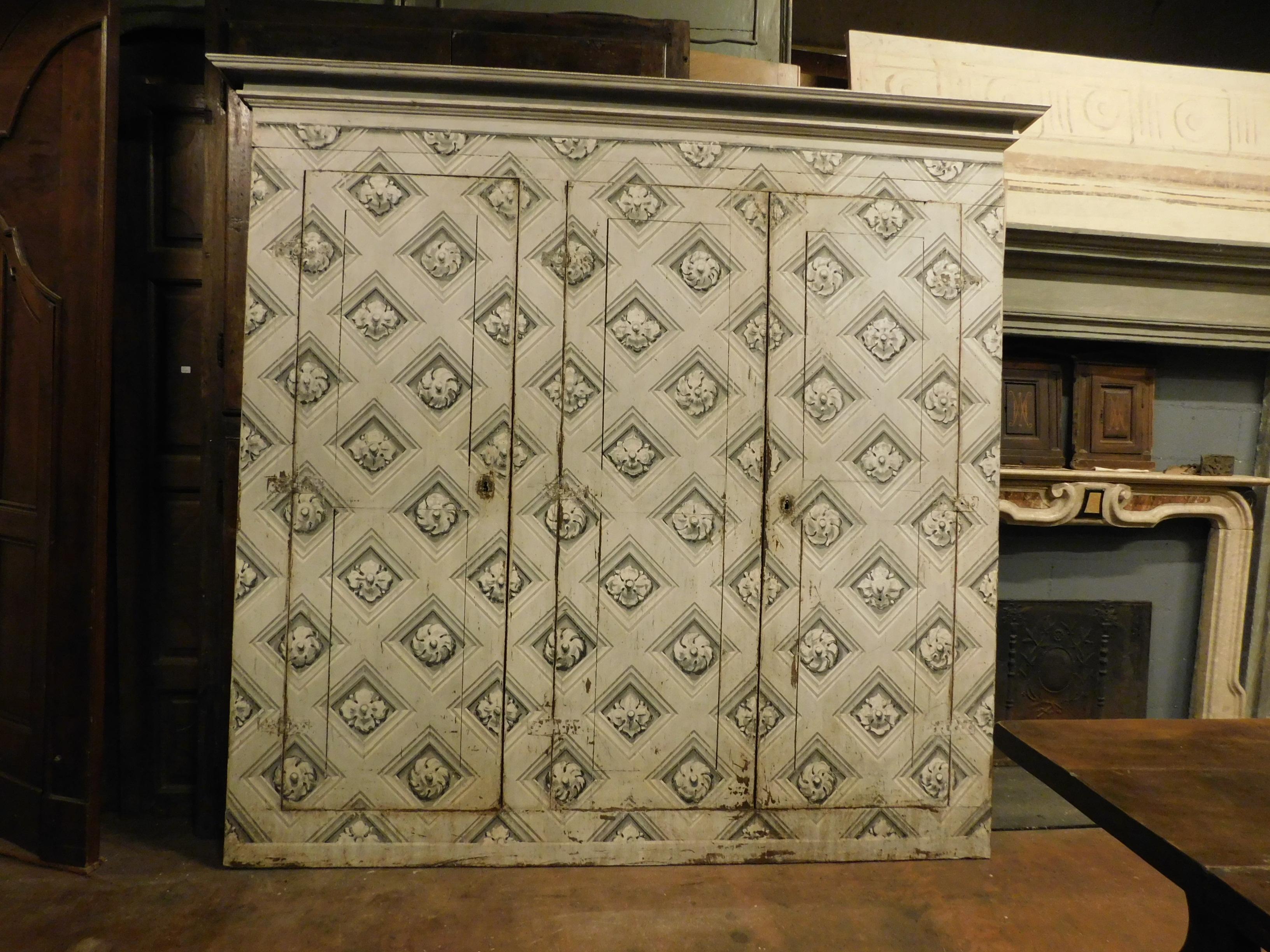 Italian Antique Walnut Wall Cabinet Painted Classic Black and White Motifs, '700 Italy