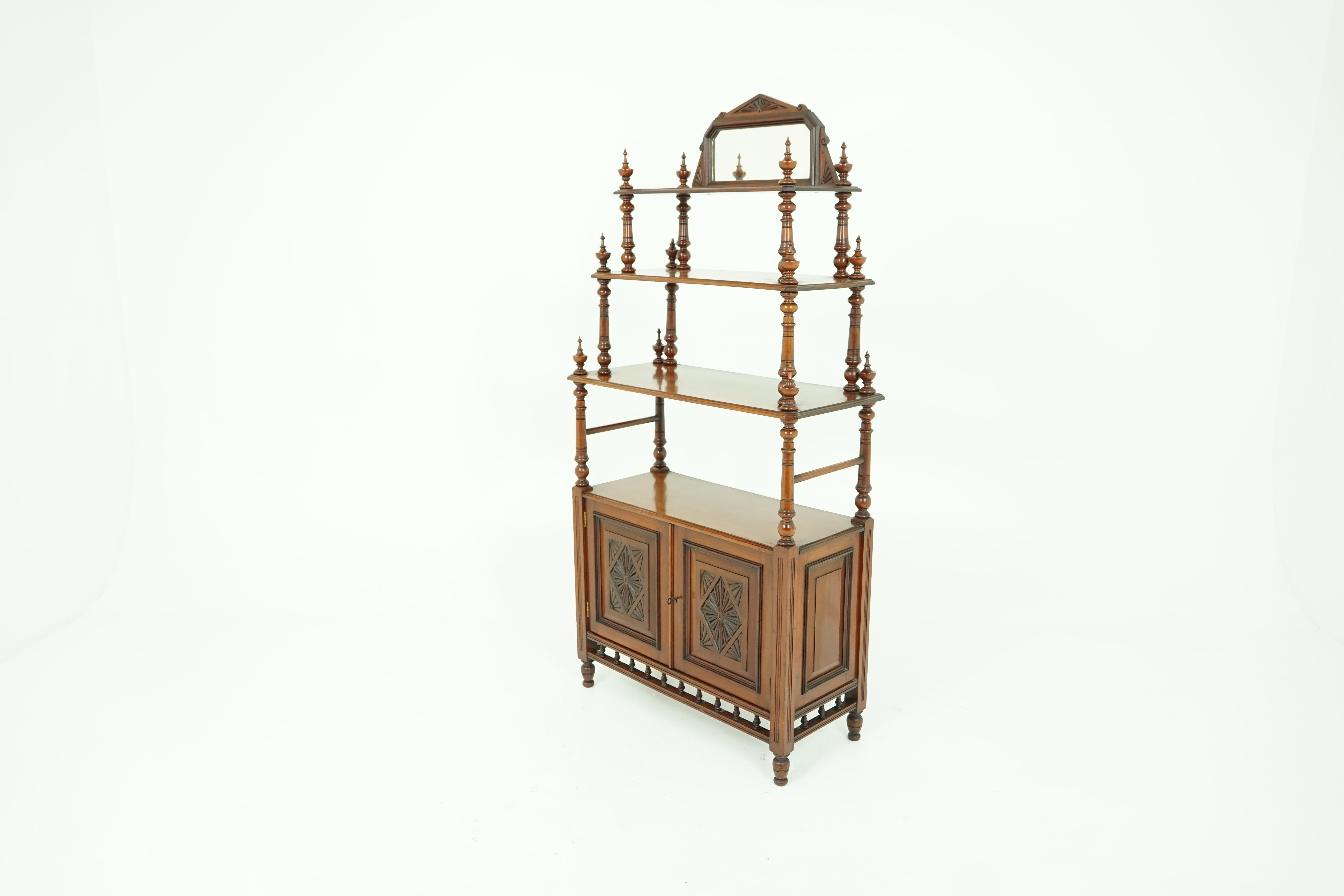 Antique walnut whatnot stand, victorian 4-tier display cabinet, antique furniture, Scotland 1880, B1811

Scotland 1880
Solid walnut
Original finish
Mirrored back on top
Shelf underneath
Turned supports with finials on top
Wider and deeper