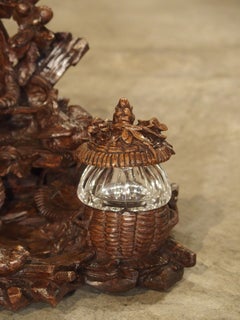 Antique Walnut Wood Black Forest Inkwell, circa 1900