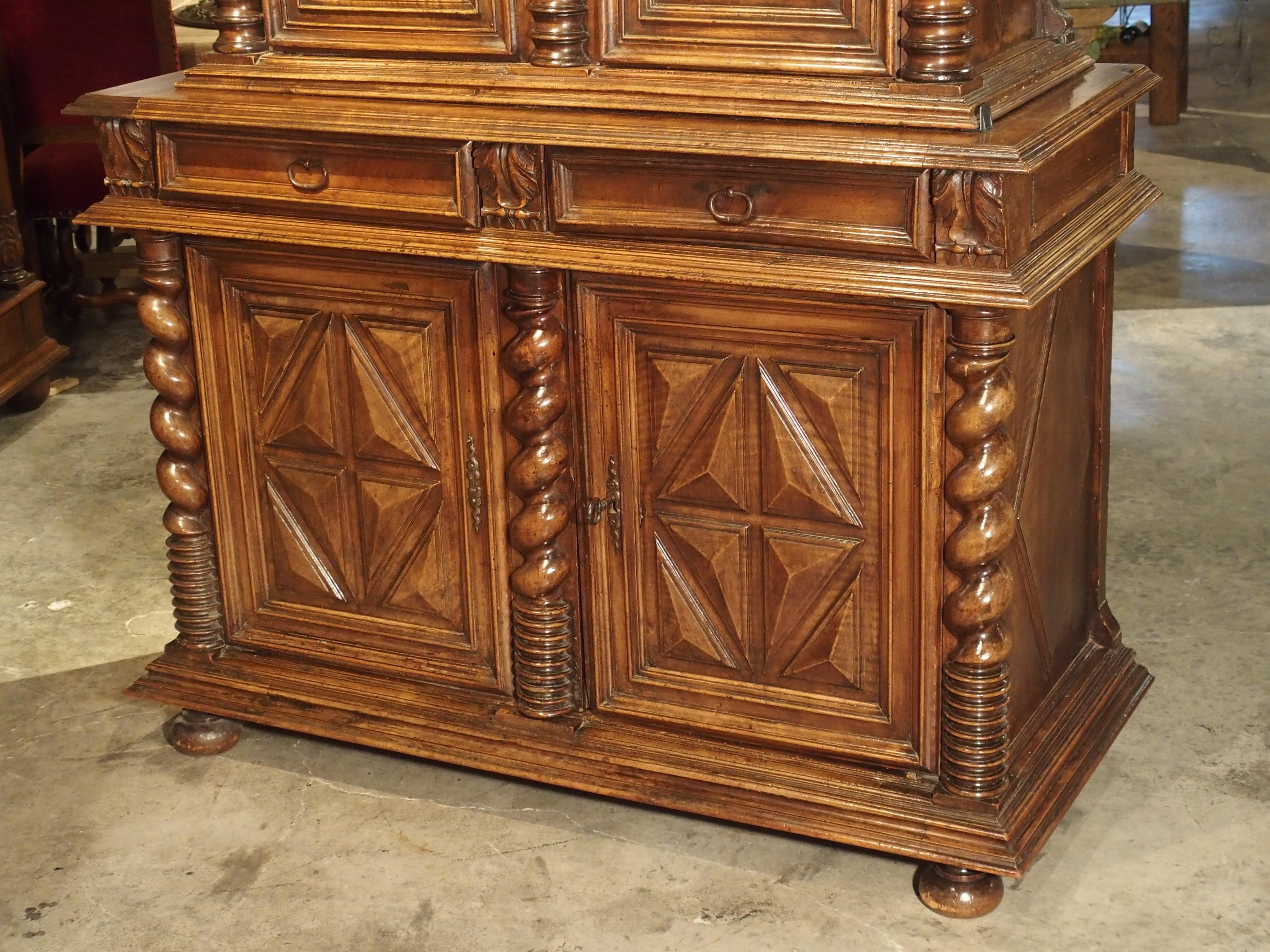 French Antique Walnut Wood Buffet Deux Corps from Southwestern France, circa 1690