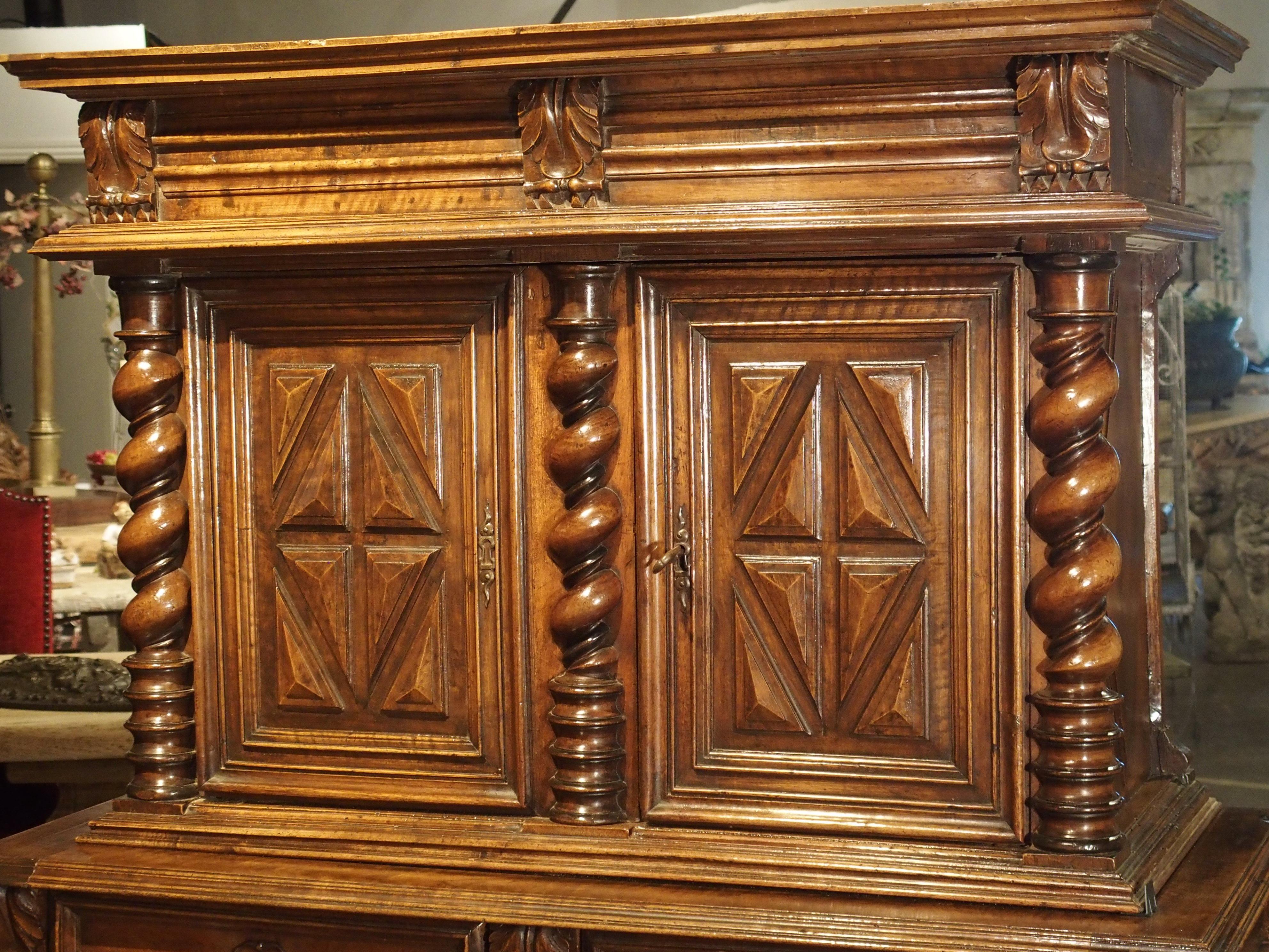Hand-Carved Antique Walnut Wood Buffet Deux Corps from Southwestern France, circa 1690