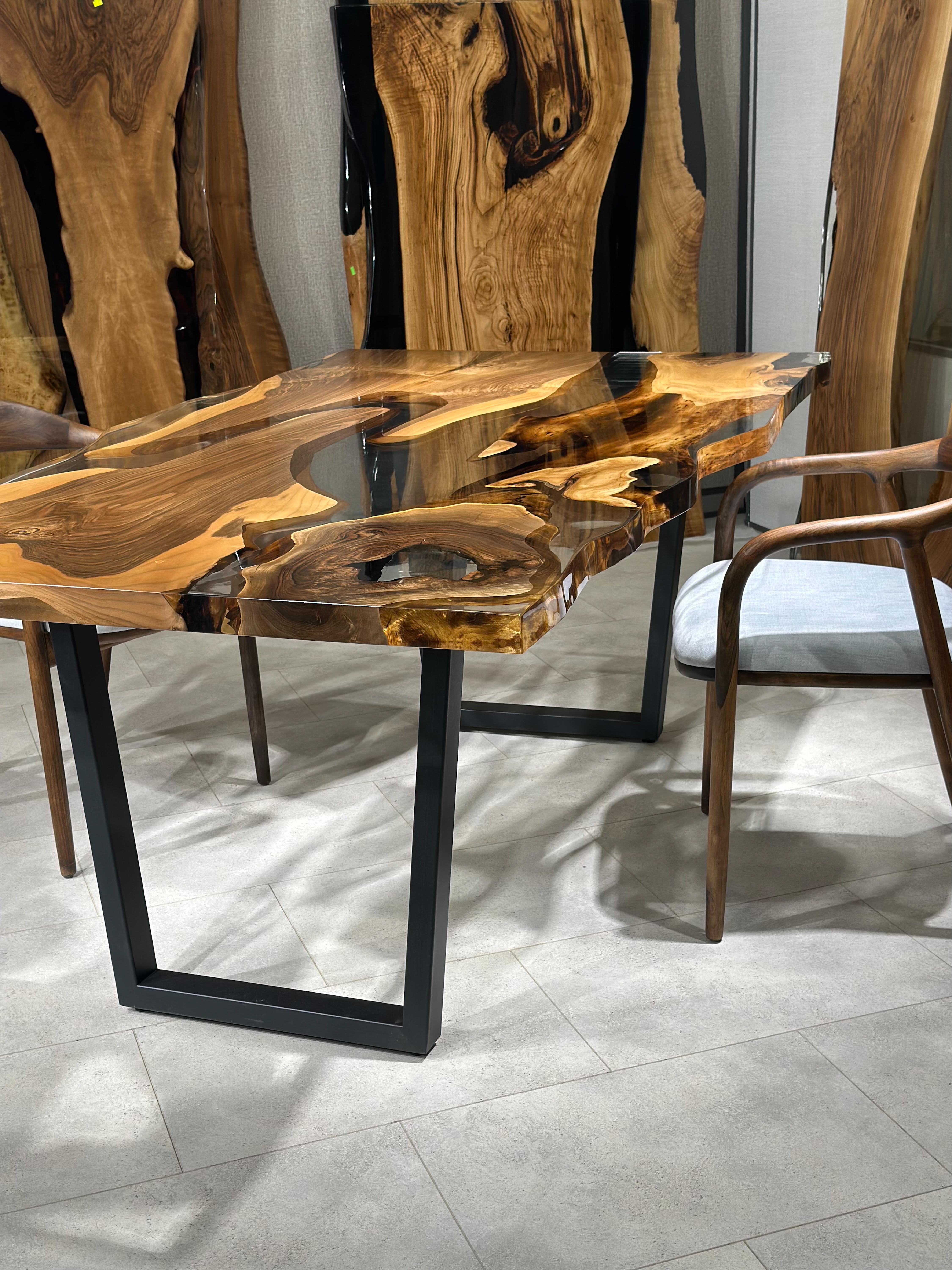 Antique Walnut Wood Epoxy Resin River Live Edge Dining Table For Sale 1
