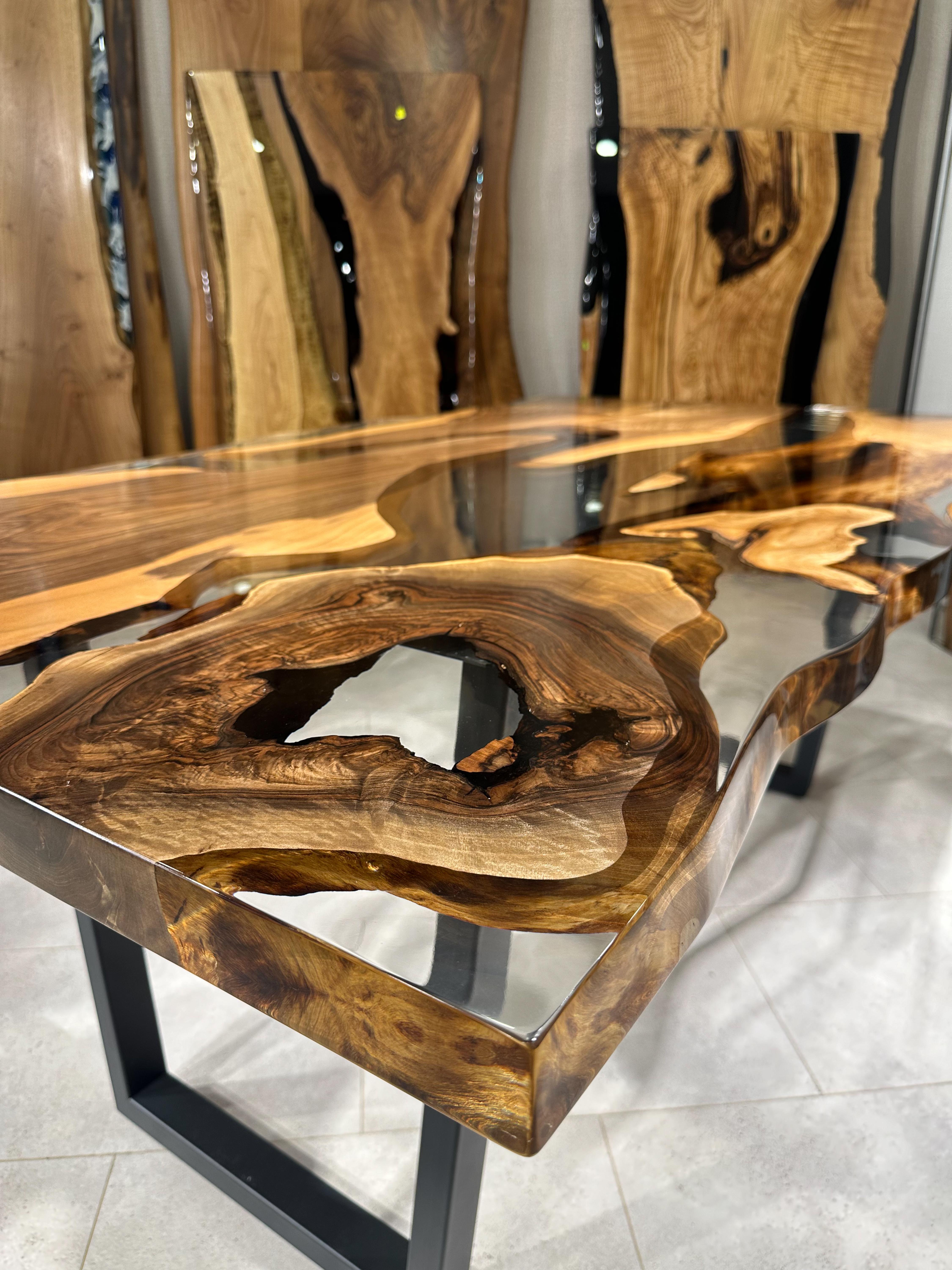 Antique Walnut Wood Epoxy Resin River Live Edge Dining Table For Sale 2