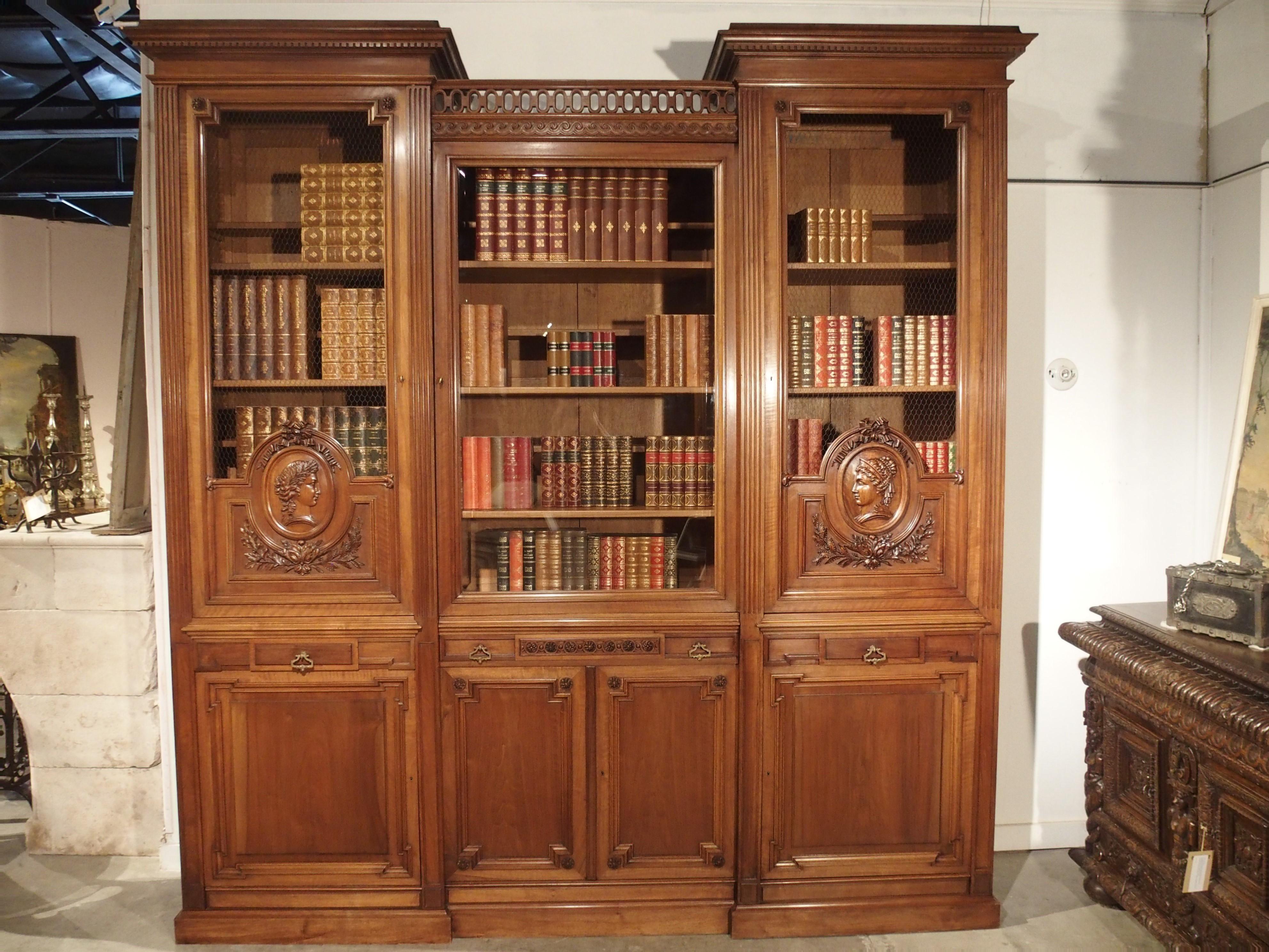 French Antique Walnut Wood Louis XVI Style Bibliotheque from France, circa 1880