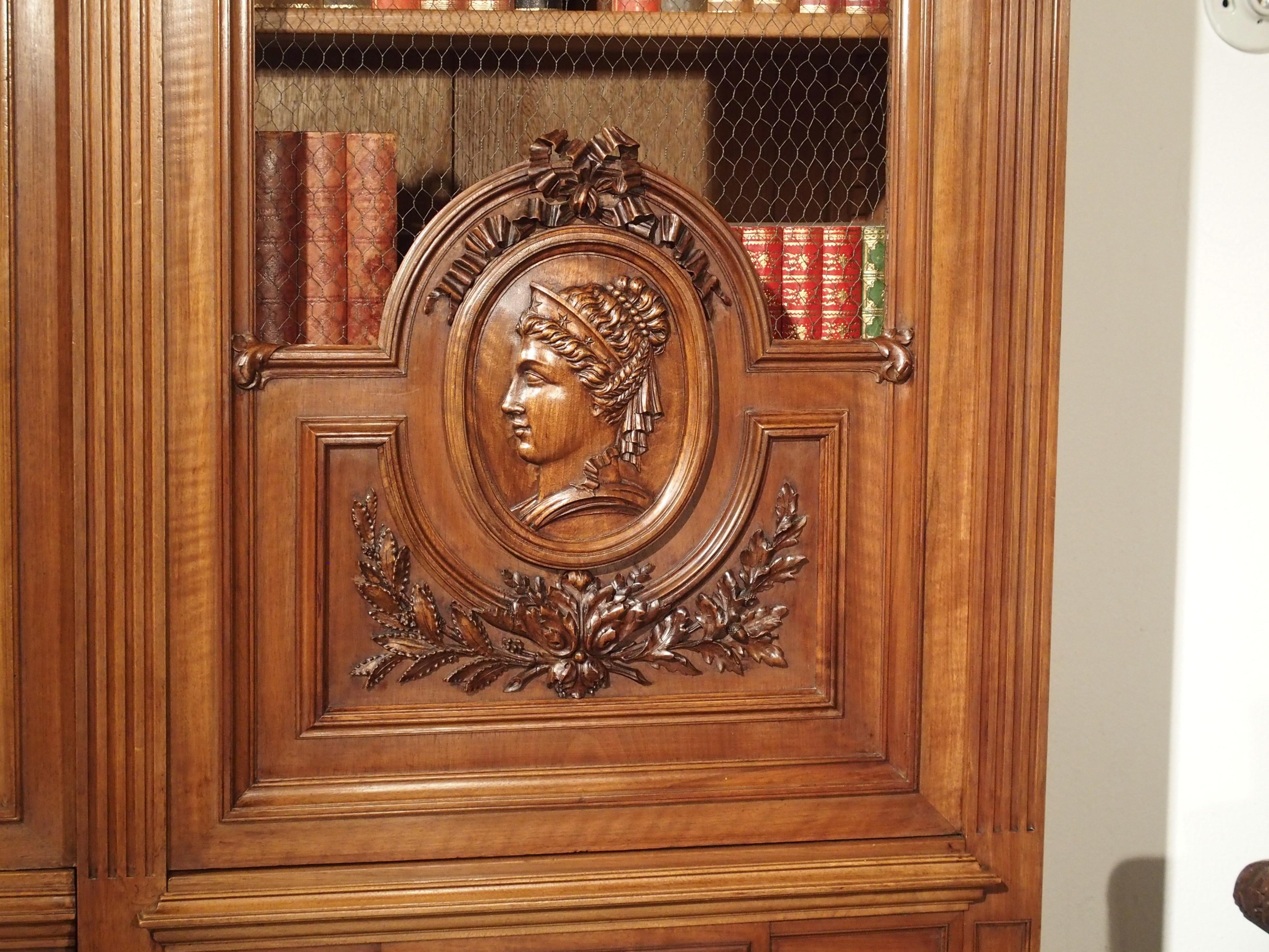Carved Antique Walnut Wood Louis XVI Style Bibliotheque from France, circa 1880