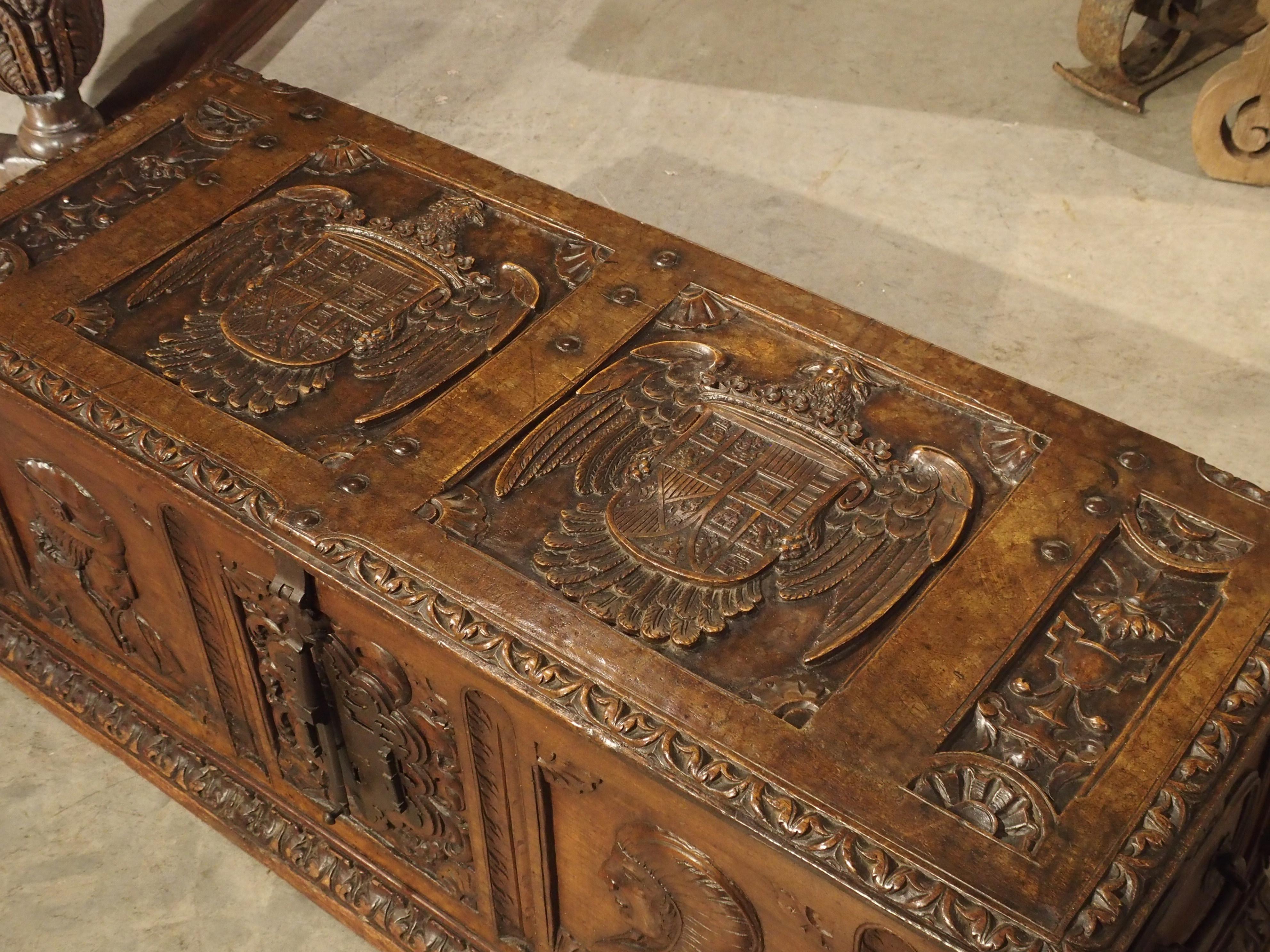Antique Walnut Wood Renaissance Style Armorial Trunk from Spain 7
