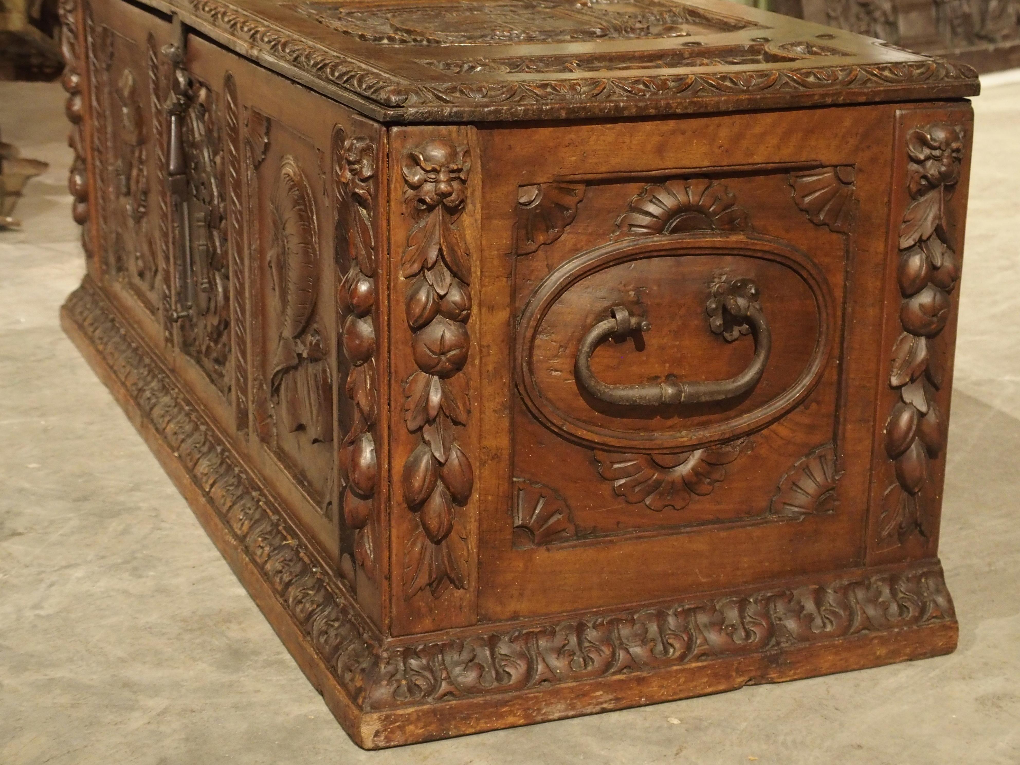 Antique Walnut Wood Renaissance Style Armorial Trunk from Spain 11