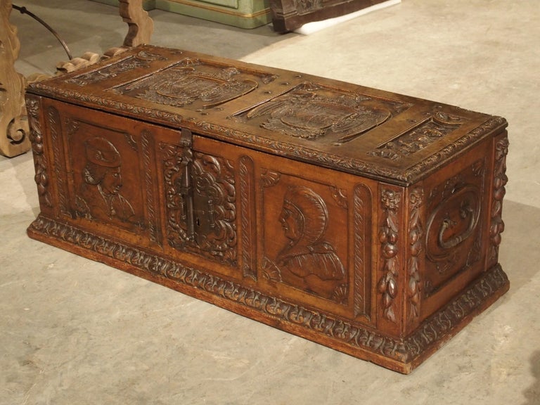 Spanish Antique Walnut Wood Renaissance Style Armorial Trunk from Spain For Sale