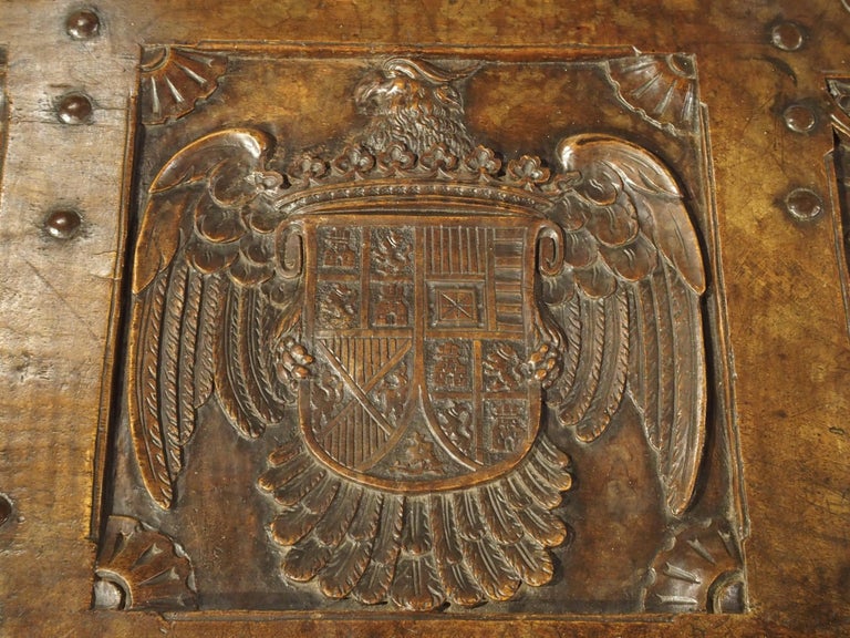 Antique Walnut Wood Renaissance Style Armorial Trunk from Spain For Sale 1