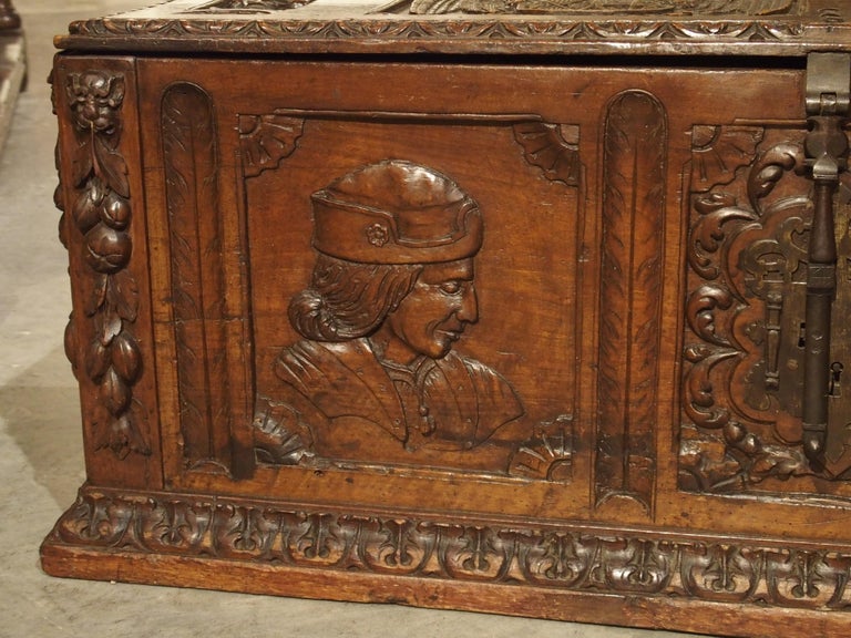 Antique Walnut Wood Renaissance Style Armorial Trunk from Spain For Sale 2