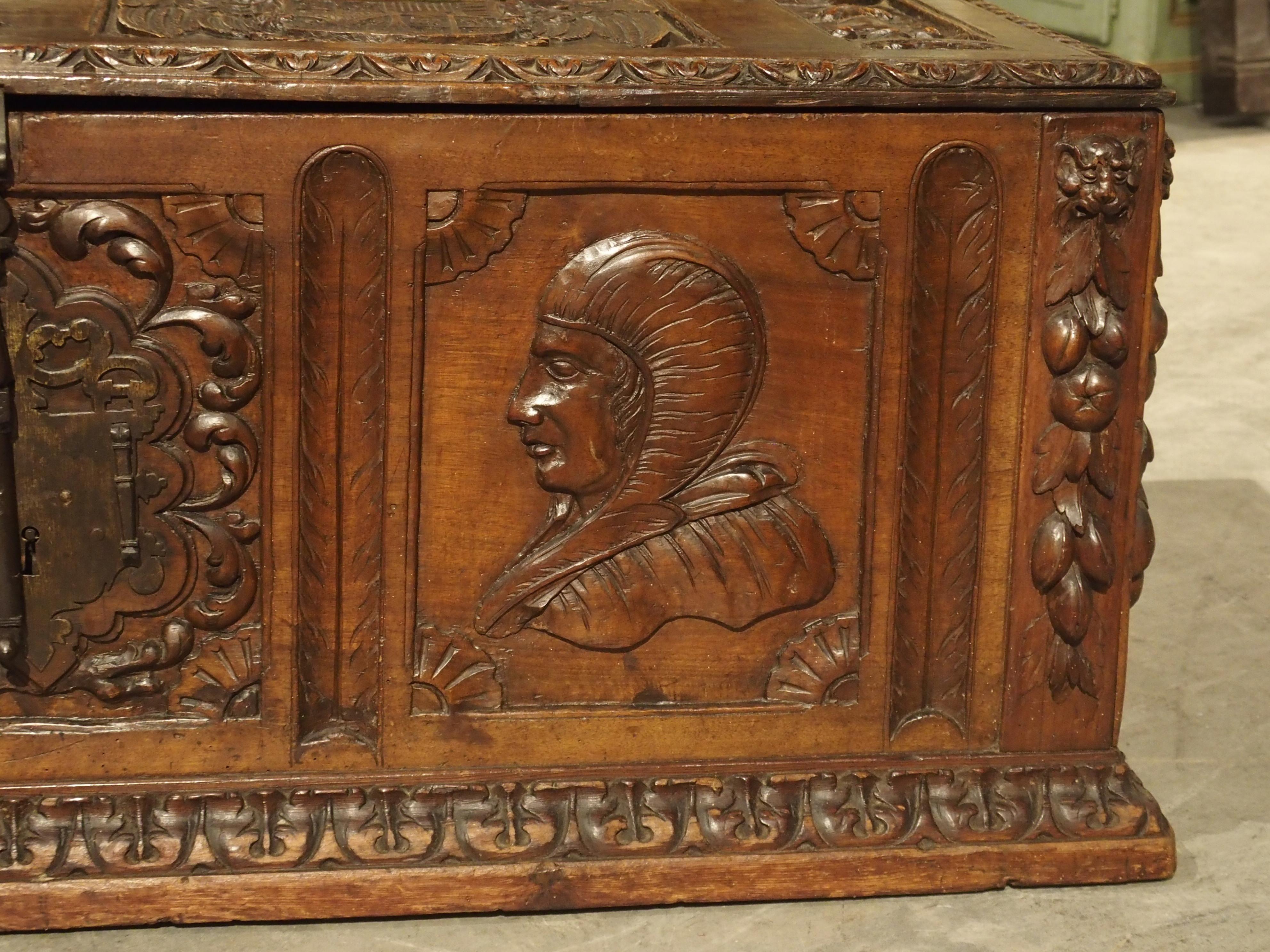 19th Century Antique Walnut Wood Renaissance Style Armorial Trunk from Spain