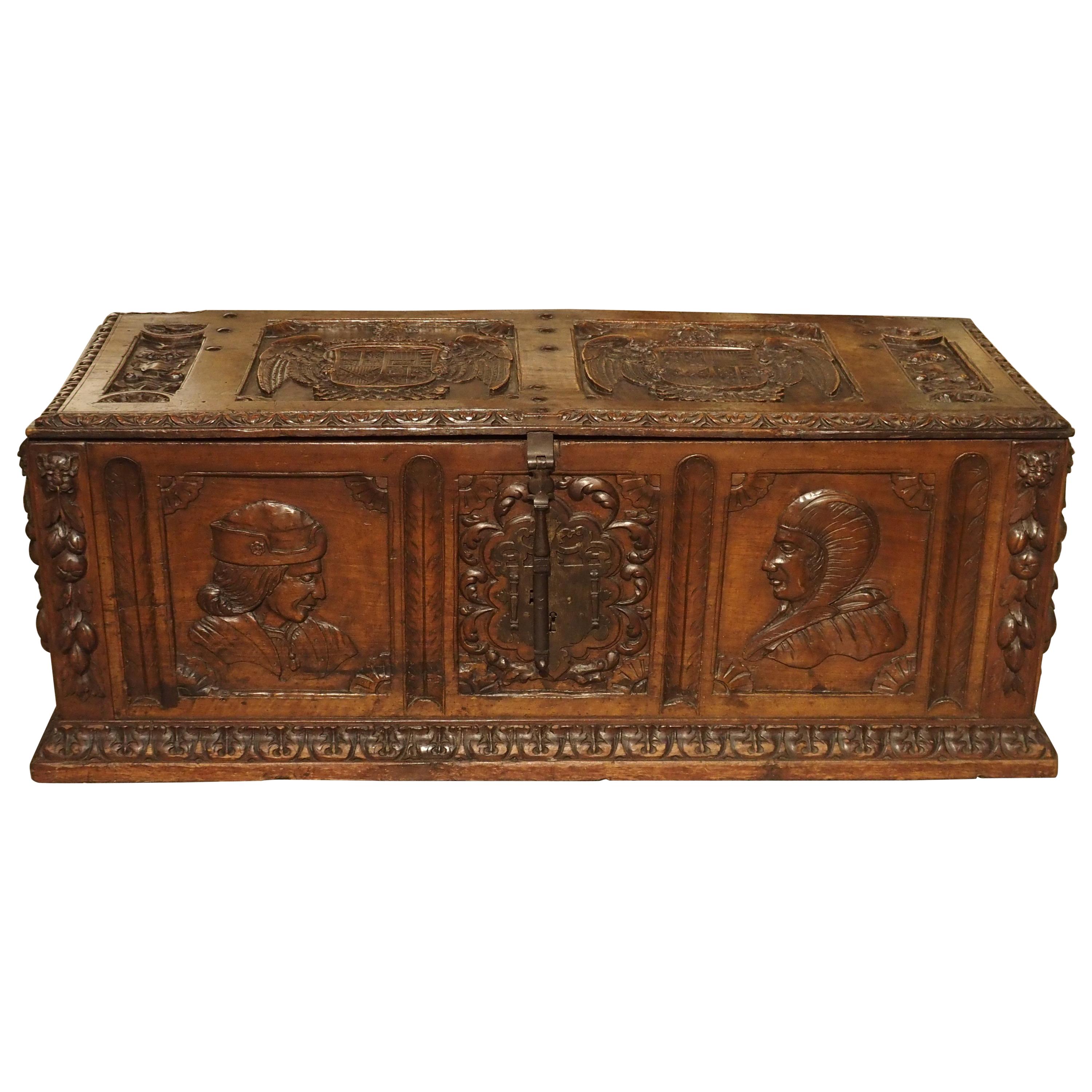 Antique Walnut Wood Renaissance Style Armorial Trunk from Spain