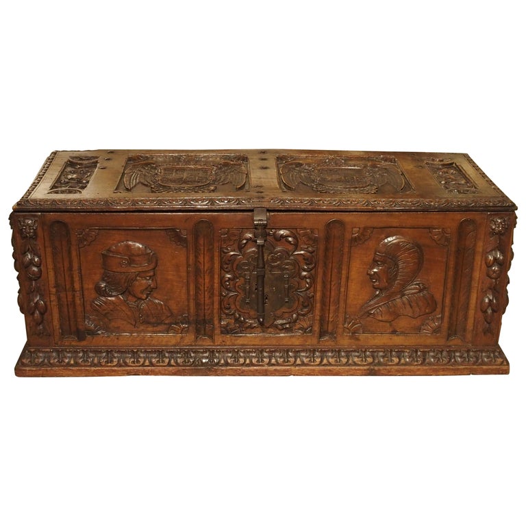 Antique Walnut Wood Renaissance Style Armorial Trunk from Spain For Sale