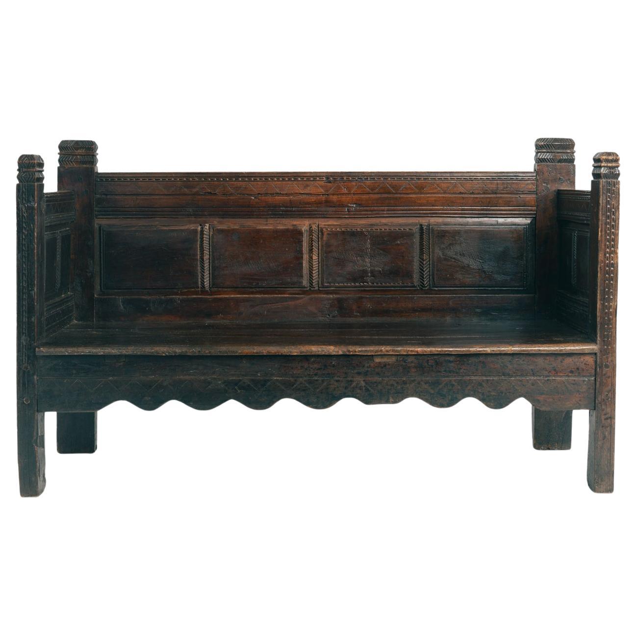 Antique walnut wooden Spanish siesta bench, Spain mid 1700s