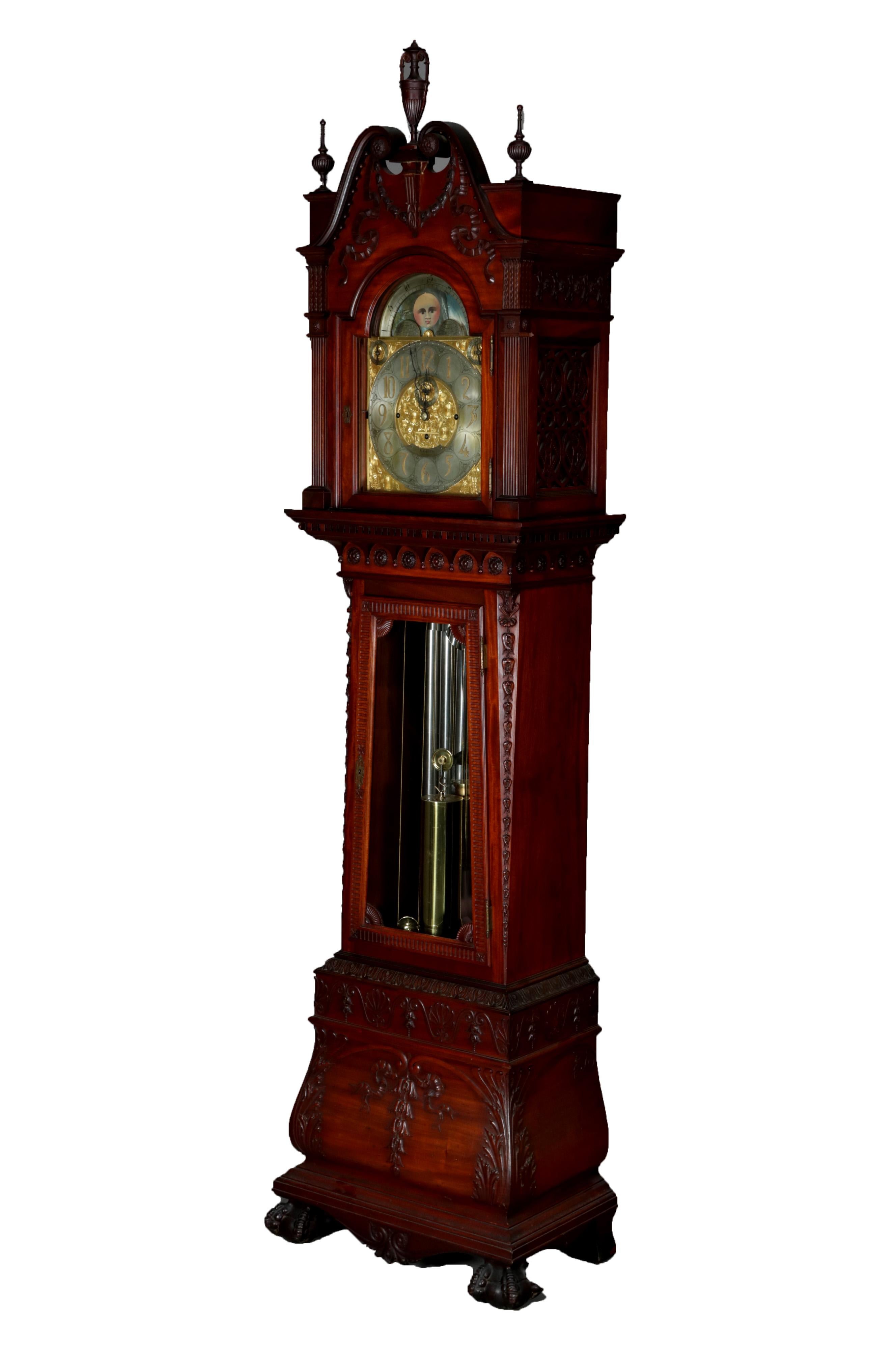 Antique Walter Durfee Signed Carved Mahogany Bombe 8-Chime Tall Case Clock 5