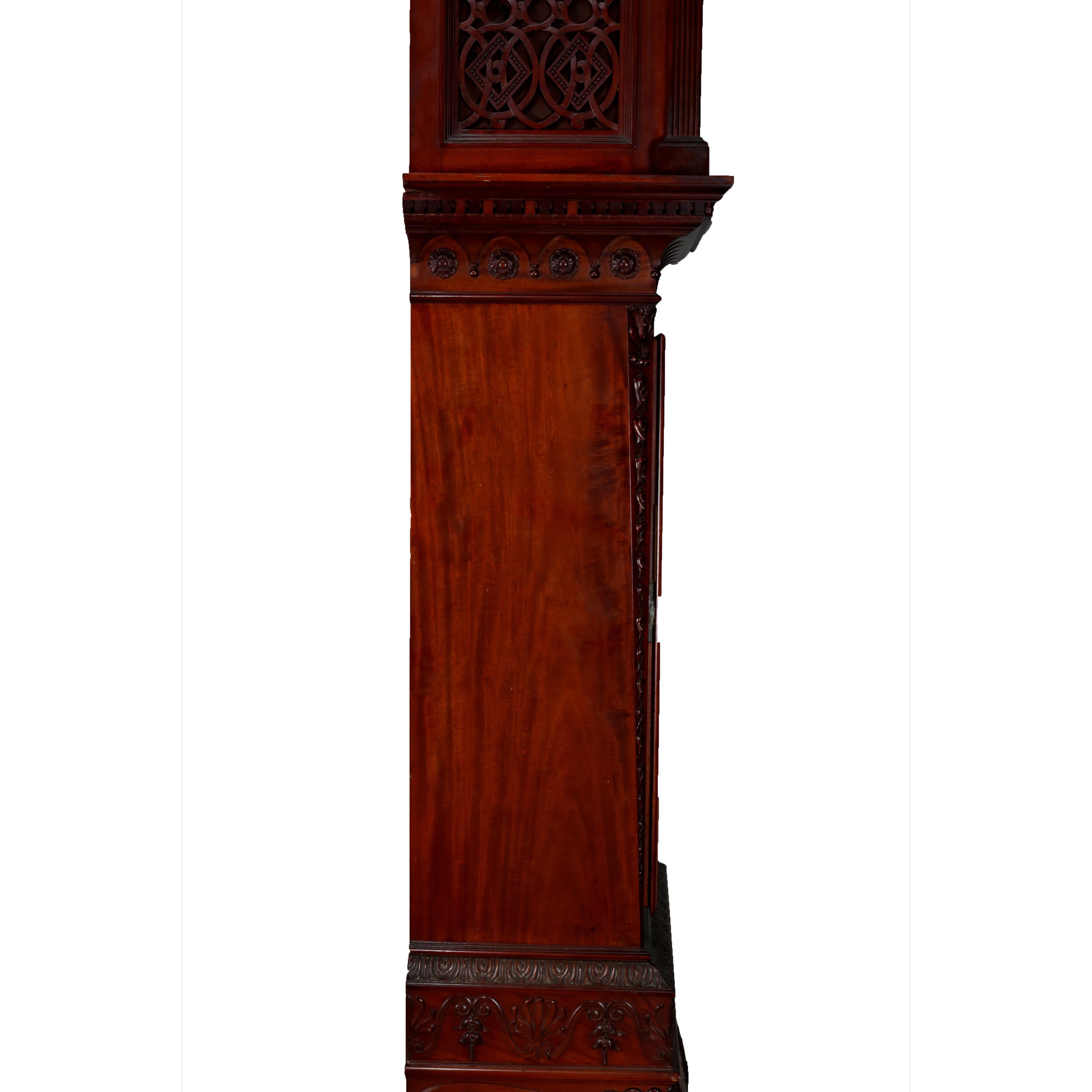 Nickel Antique Walter Durfee Signed Carved Mahogany Bombe 8-Chime Tall Case Clock