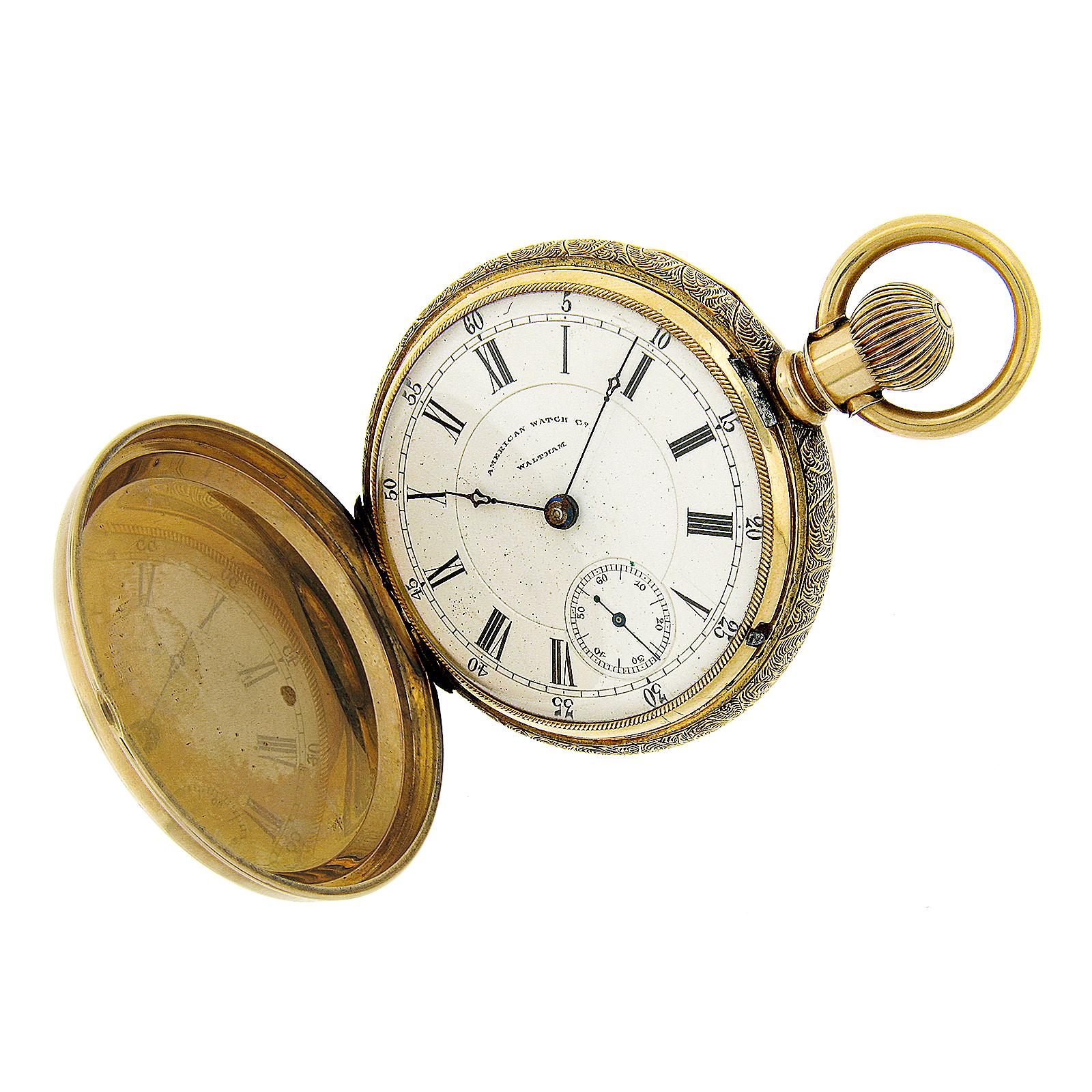 da uomo o donna Antico orologio da tasca Waltham 15j 6s Oro giallo 14k Diamante Mezzaluna Hunter in vendita