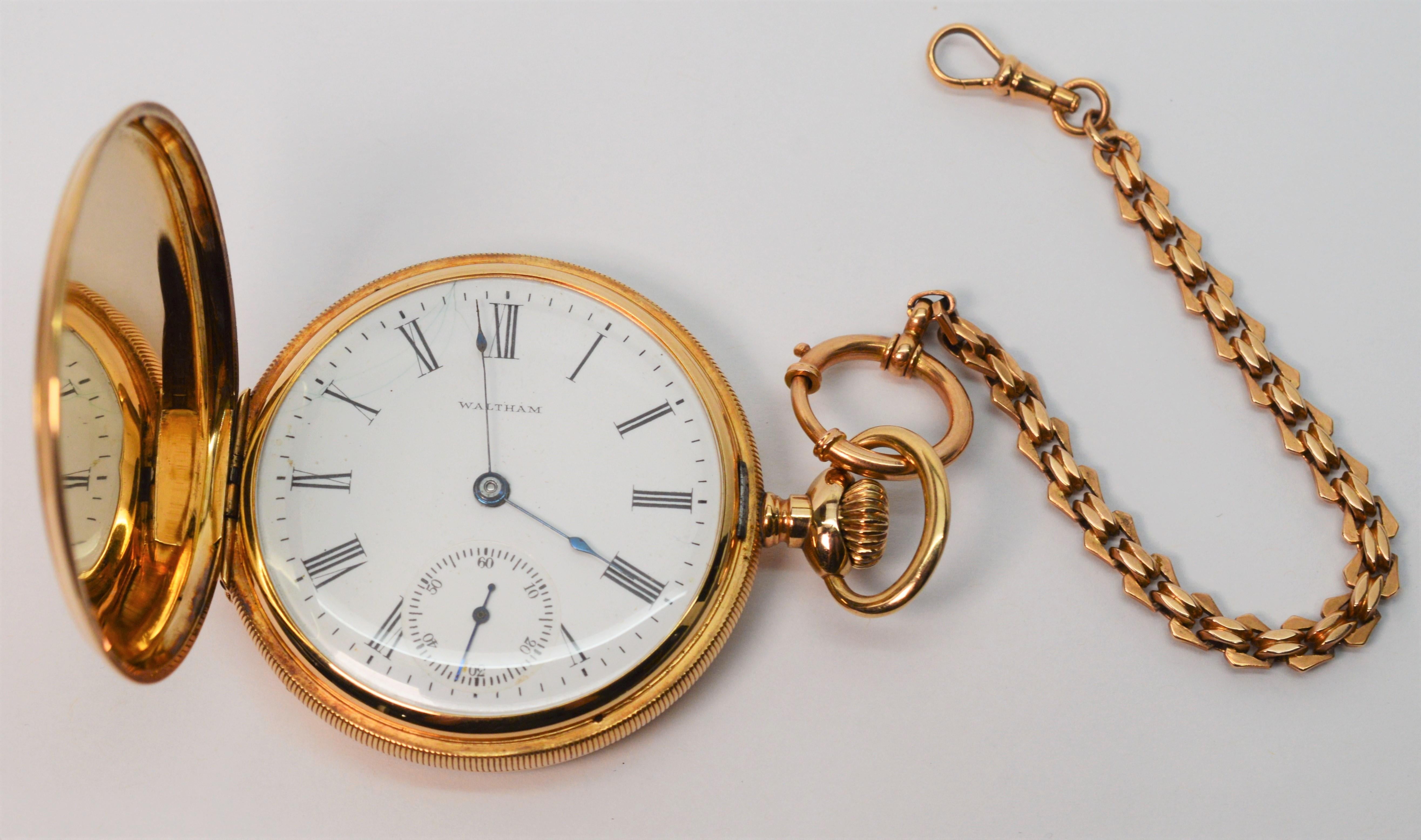 Antique Waltham American Watch Co. 14K Yellow Gold Pocket Watch with Gold Chain 6