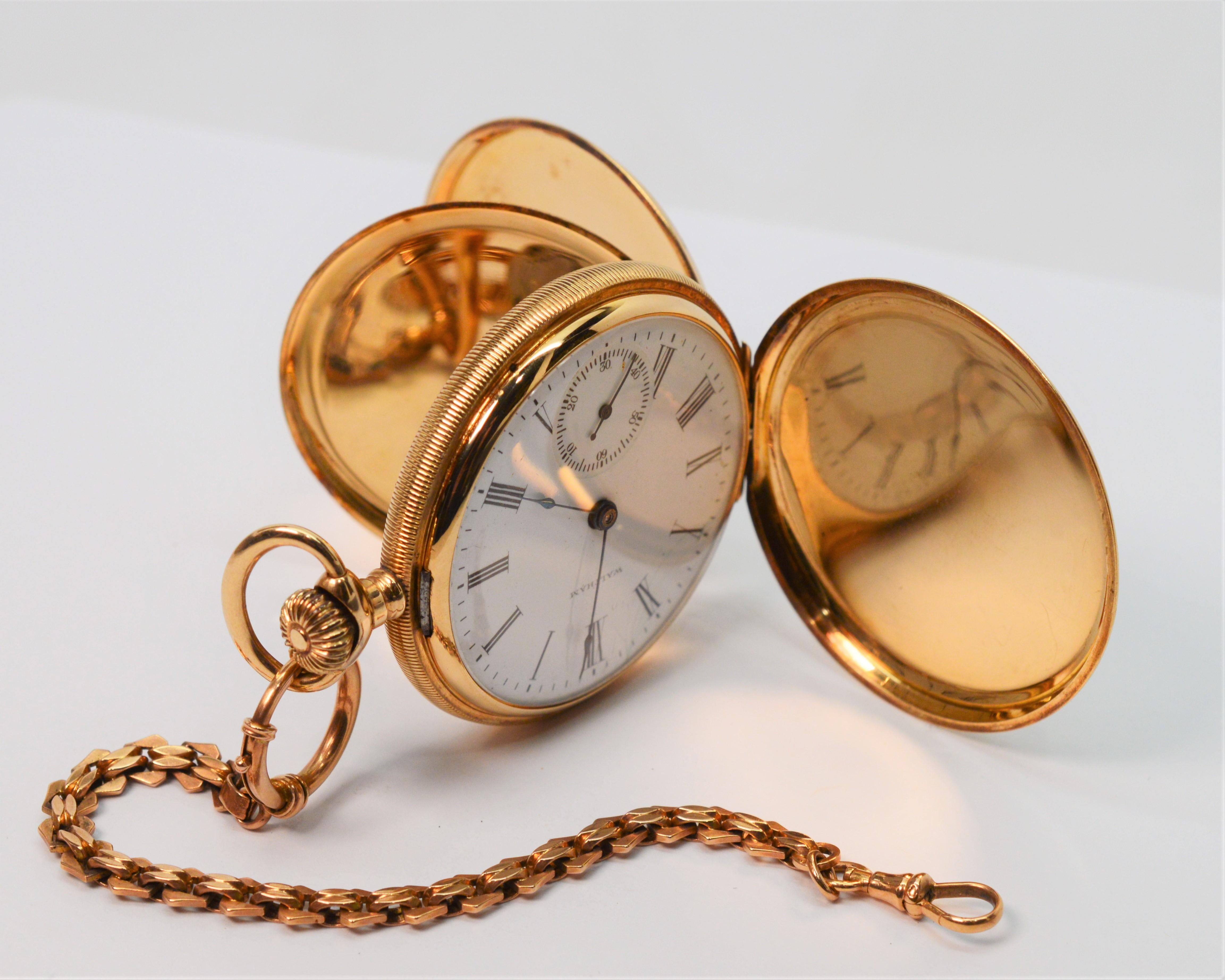 Antique Waltham American Watch Co. 14K Yellow Gold Pocket Watch with Gold Chain 4