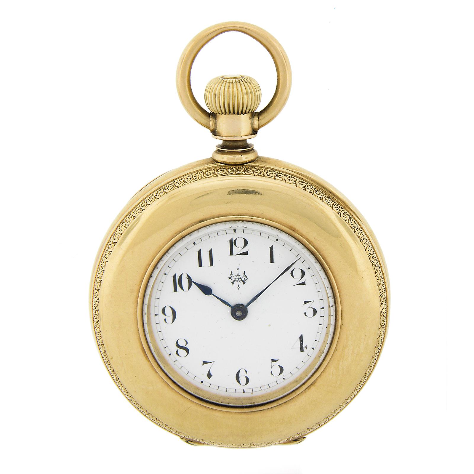 Here we have an absolutely gorgeous, antique American Waltham pocket watch featuring a solid 18k gold case. The case is magnificently hand etched with floral patterns throughout. The front cover is half-hunter in design and the dial is white and