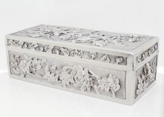 Antique Wang Hing & Co. Chinese Export Silver Repousse Box with Chrysanthemums