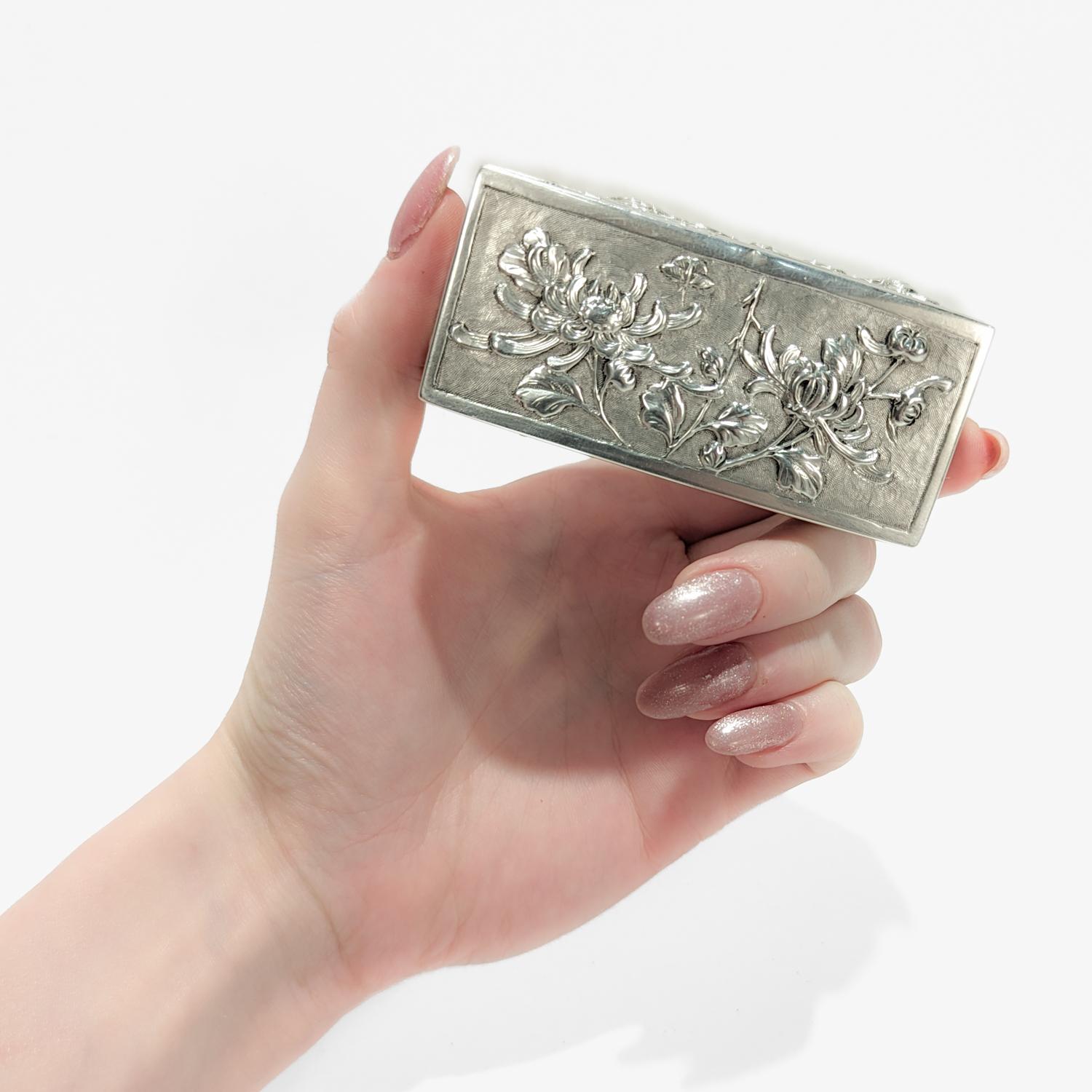 Antique Wang Hing & Co. Chinese Export Silver Repousse Box with Chrysanthemums 1