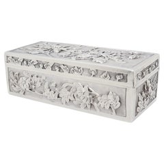 Antique Wang Hing & Co. Chinese Export Silver Repousse Box with Chrysanthemums