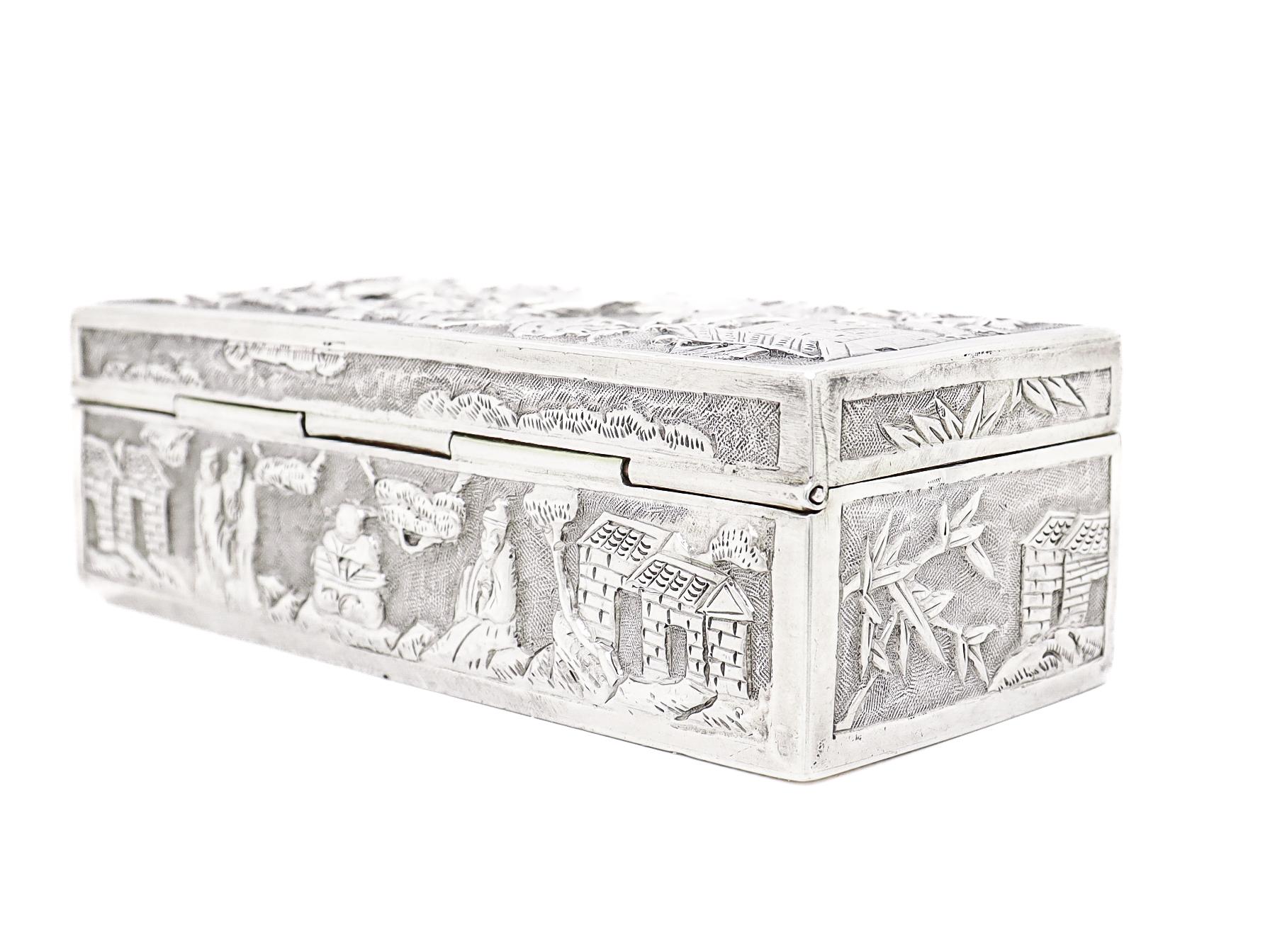 Antike Wang Hing & Co. Chinesischer Export-Silber-Repousse-Schachtel mit Dorfszenen 10