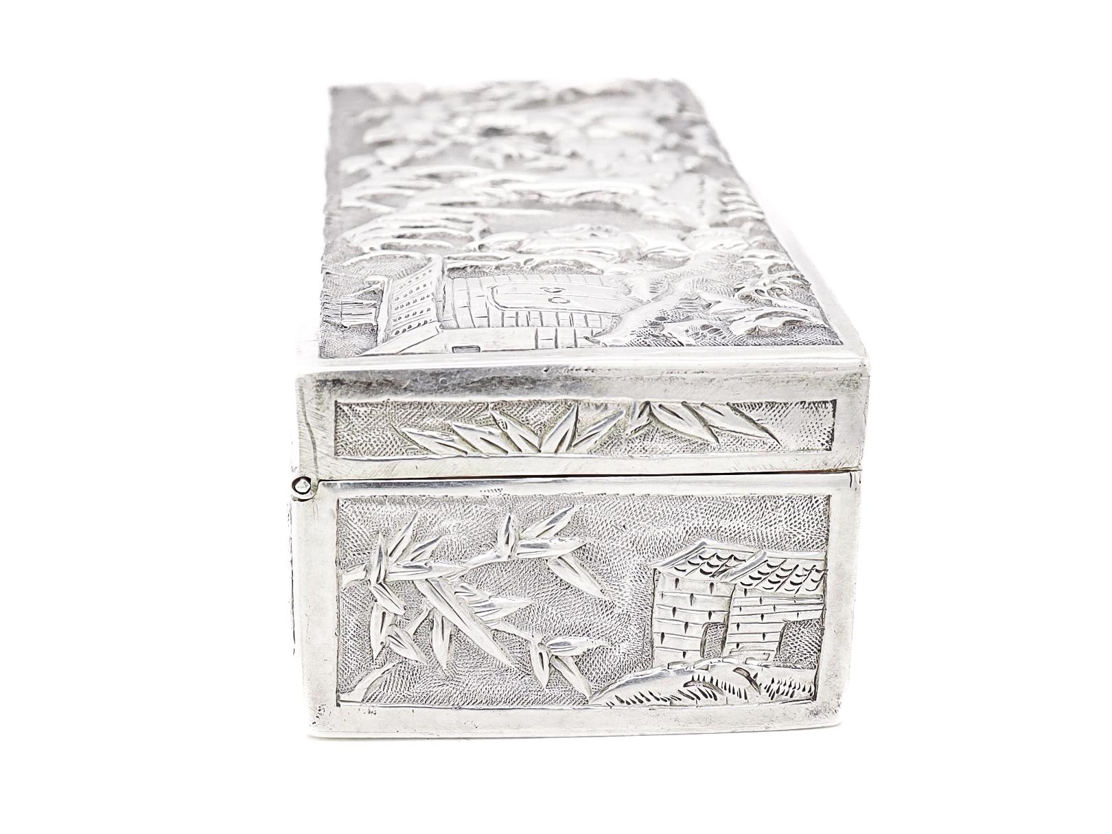 Antike Wang Hing & Co. Chinesischer Export-Silber-Repousse-Schachtel mit Dorfszenen 11