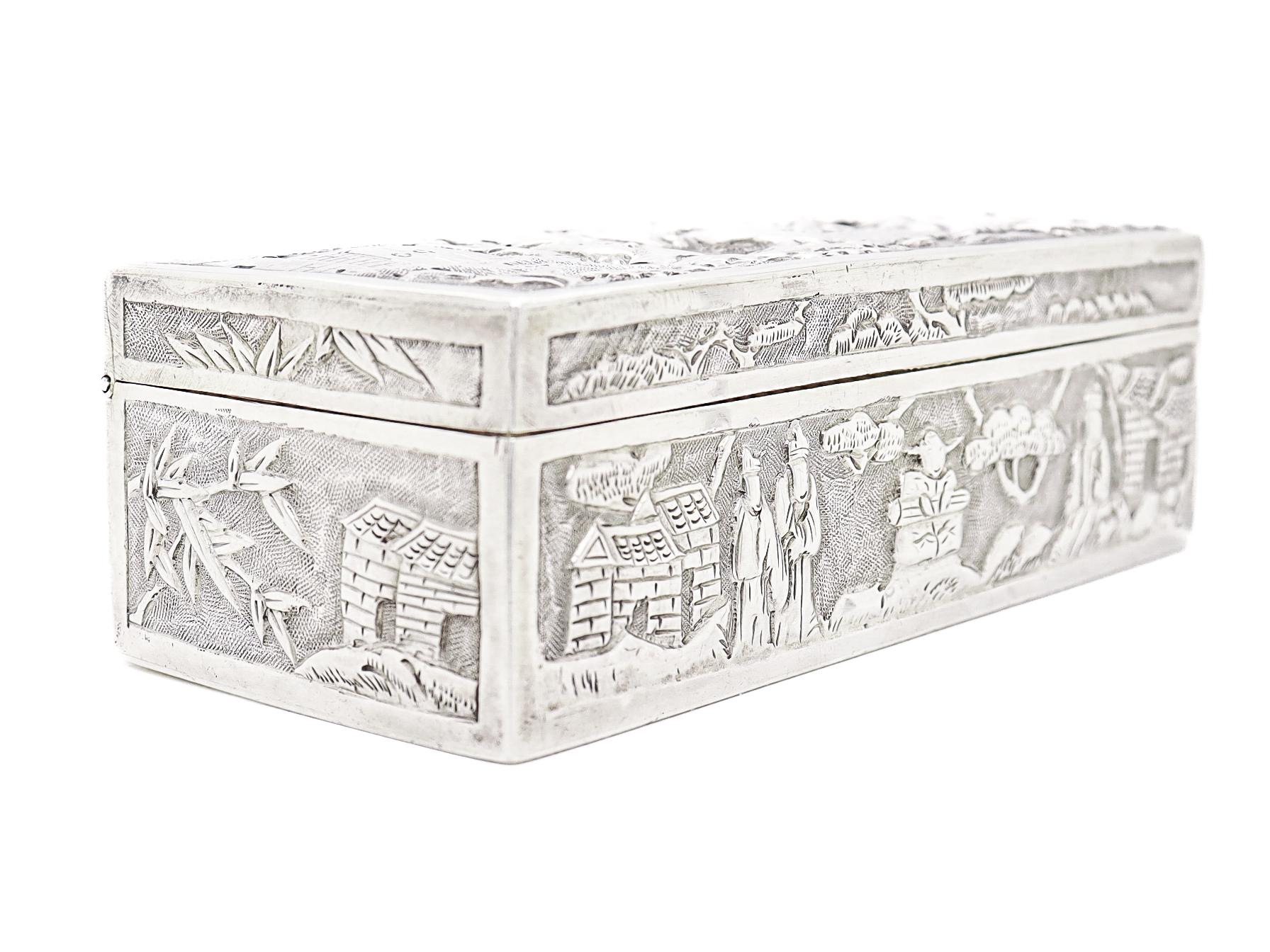 Antike Wang Hing & Co. Chinesischer Export-Silber-Repousse-Schachtel mit Dorfszenen 12