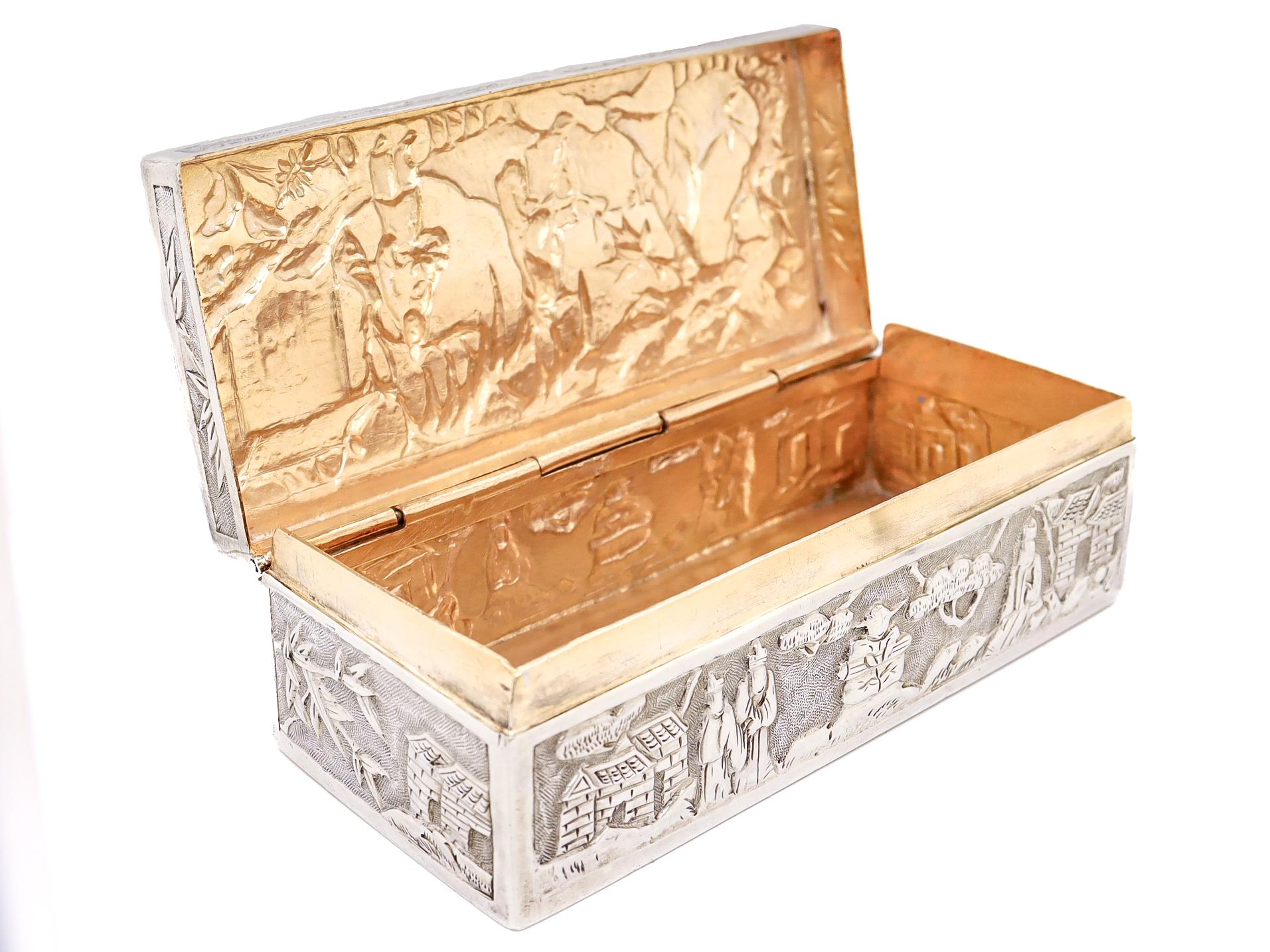 Antike Wang Hing & Co. Chinesischer Export-Silber-Repousse-Schachtel mit Dorfszenen 15