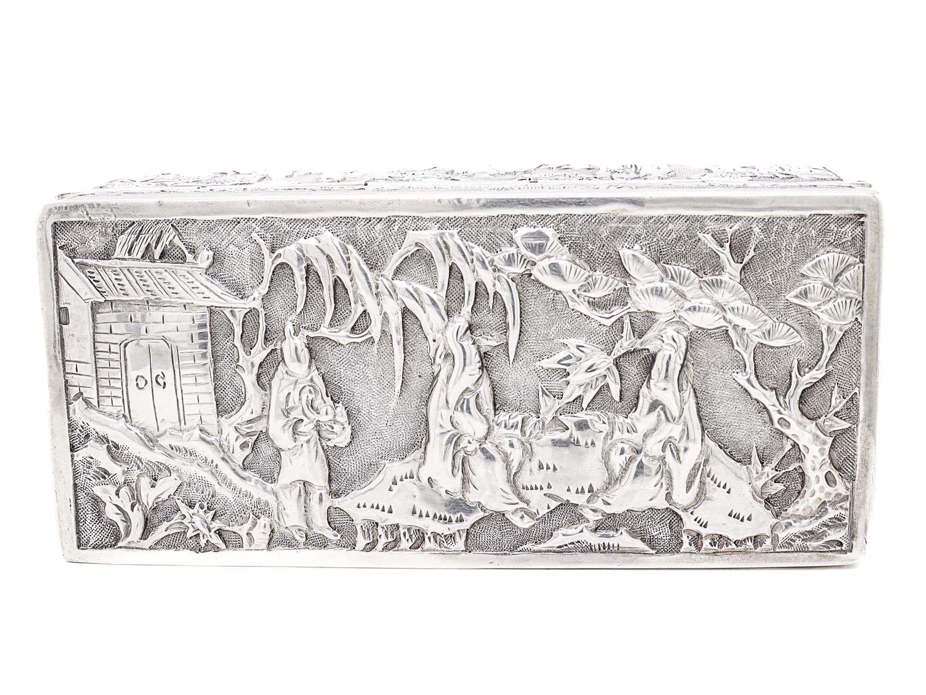 Antike Wang Hing & Co. Chinesischer Export-Silber-Repousse-Schachtel mit Dorfszenen 2
