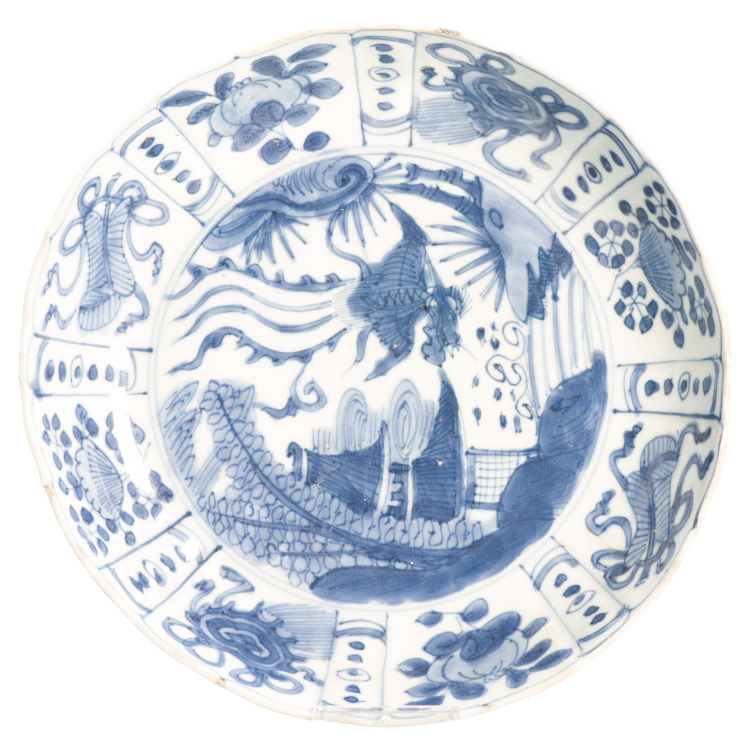 Antique Wanli Ming Chinese Porcelain Kraak Plate Fenghuang and Pagoda