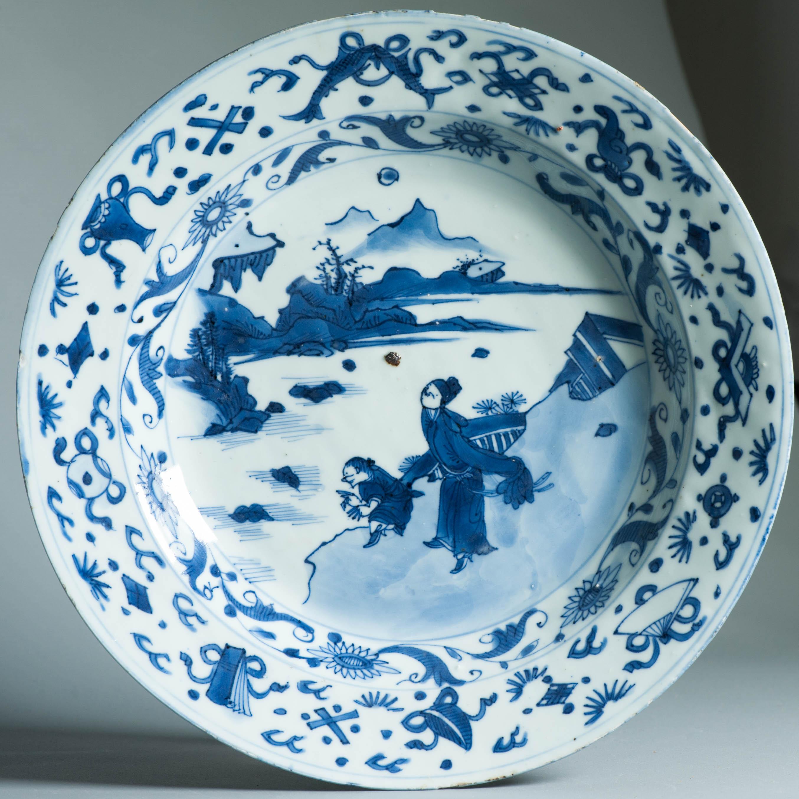 Ancienne assiette figurative chinoise Kraak en porcelaine de Wanli / Tianqi Ming en vente 6