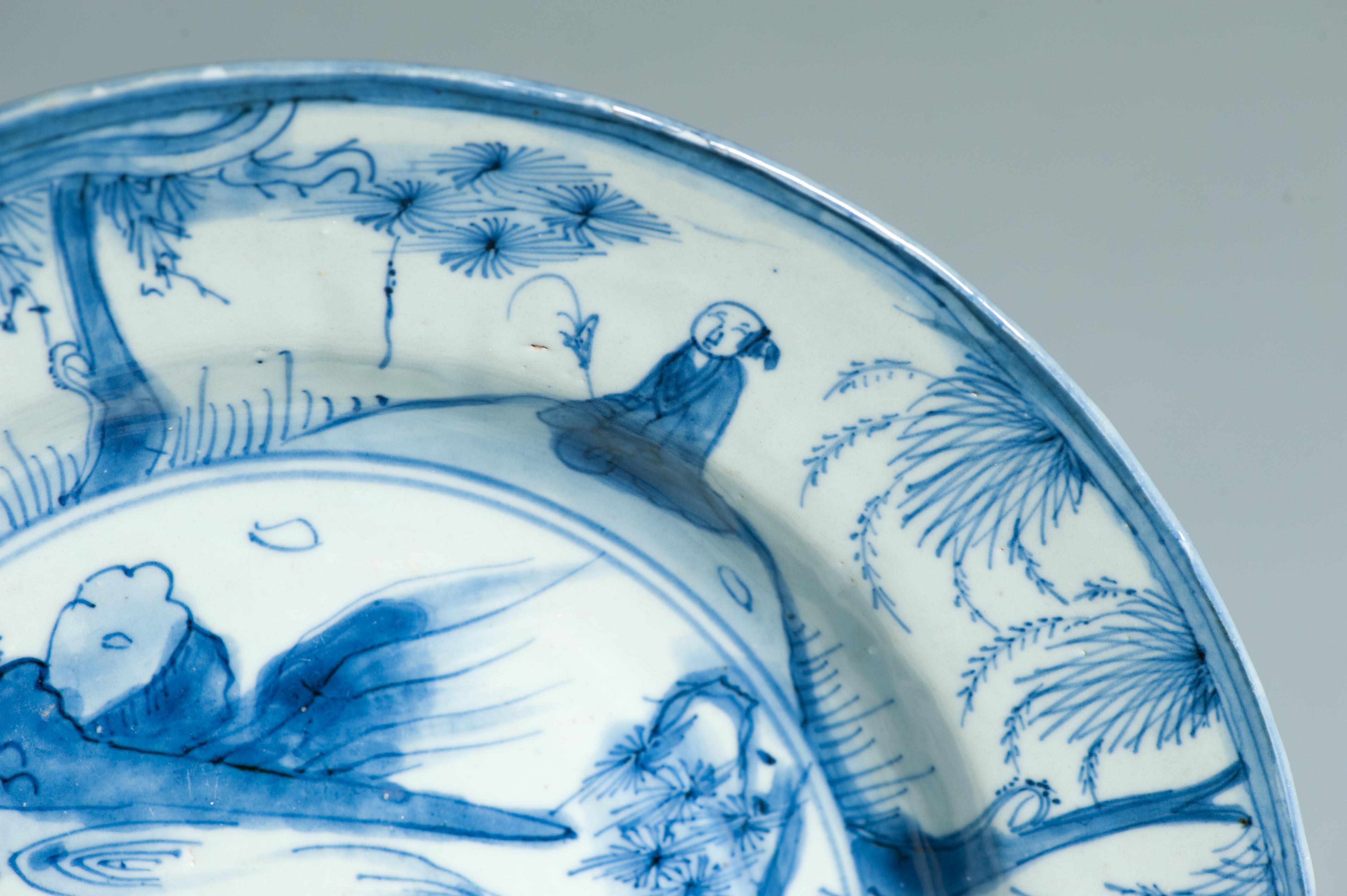 Ancienne assiette figurative chinoise Kraak en porcelaine de Wanli / Tianqi Ming en vente 1