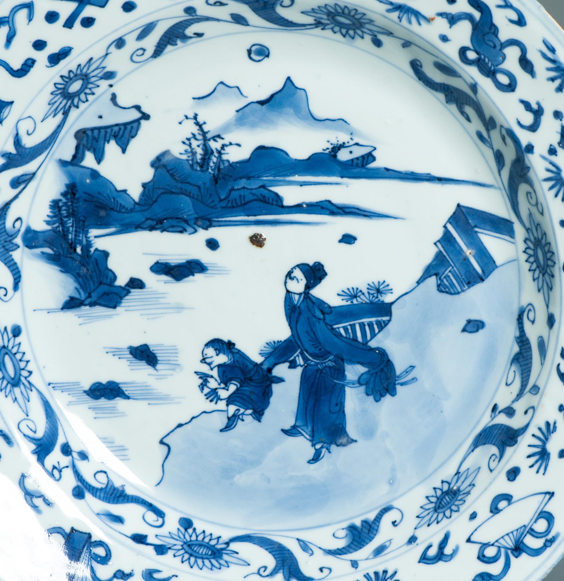Ancienne assiette figurative chinoise Kraak en porcelaine de Wanli / Tianqi Ming en vente 2