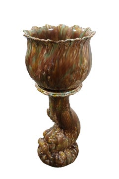 Antique Wannopee Pottery Majolica Delphin Dolphin Pedestal Jardiniere Planter