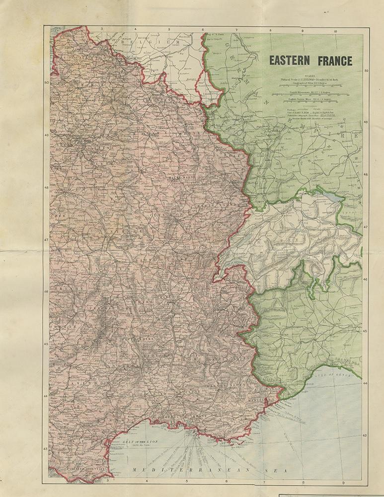 Large folding map depicting various European regions including east France, south west Germany, borders of Russia, North Sea, Baltic Sea, Kiel Canal, Belgium and the Netherlands. Published on linen by W. & A.K. Johnston.